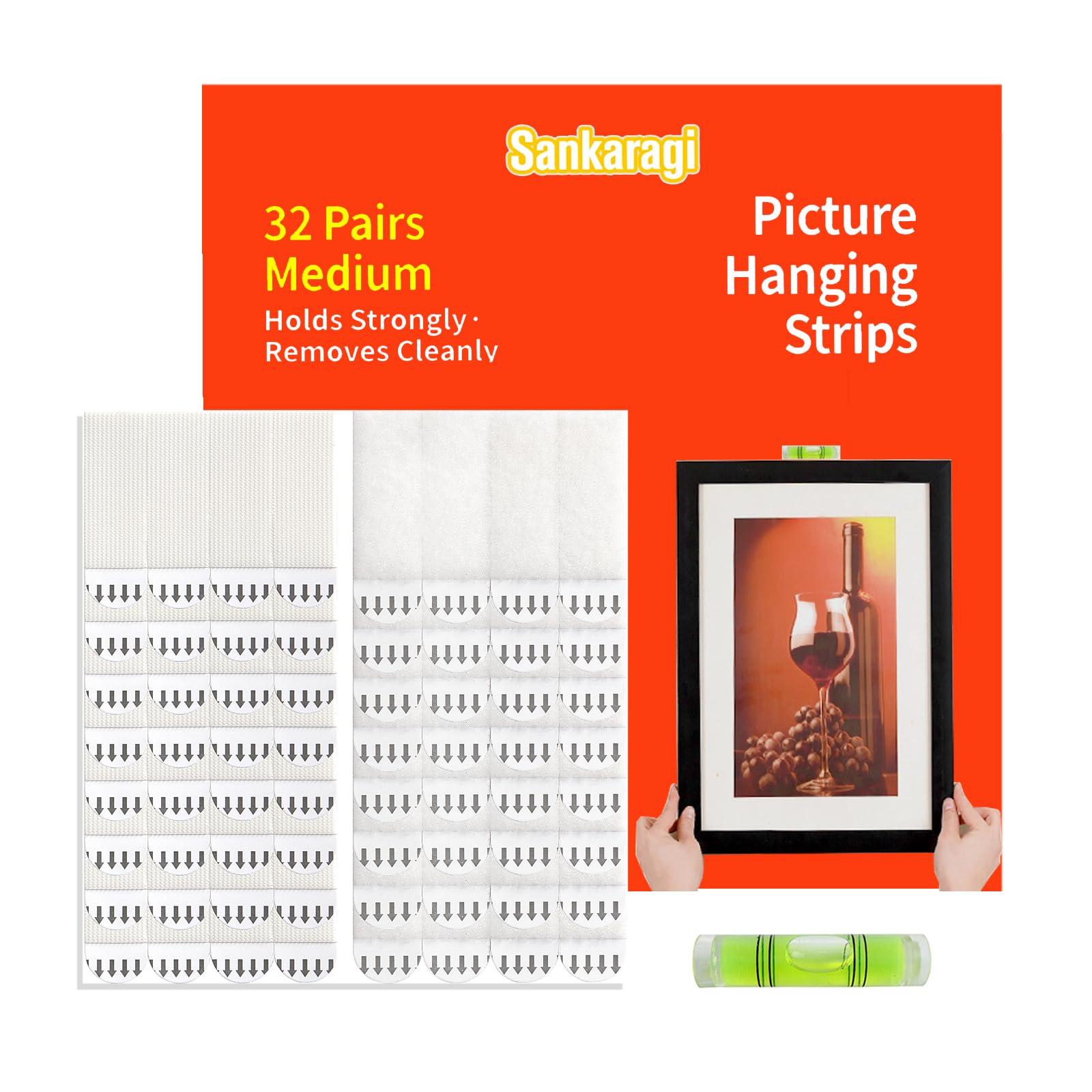 32 pares (64 tiras) de tiras para colgar cuadros medianas, para decorar sin daños, perfectas para colgar marcos de pared, fotos, fotos, carteles en paredes