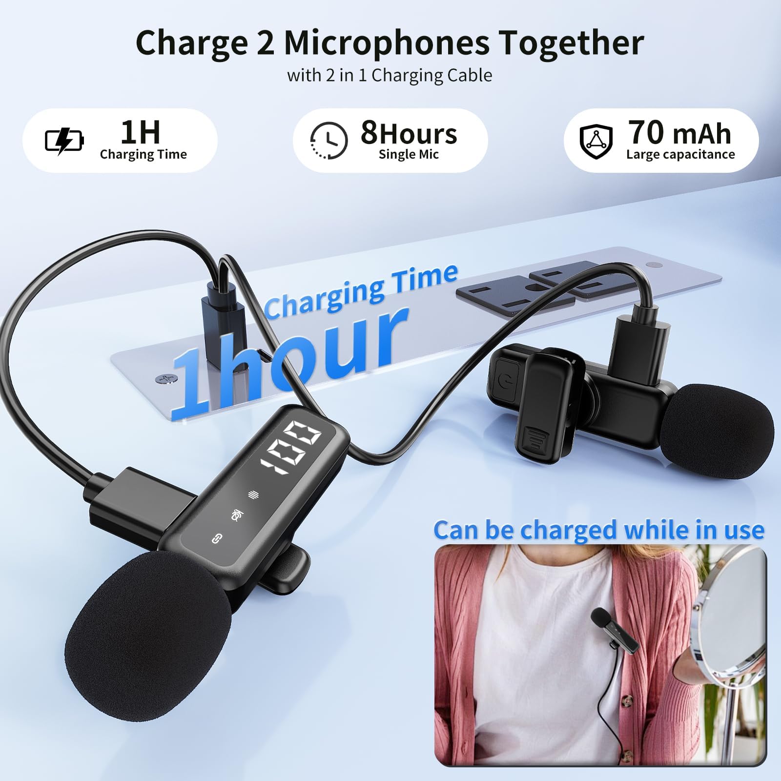 Lot de 2 mini microphones sans fil Bluetooth à clipser pour enregistrement vidéo, suppression du bruit 2 en 1 pour iPad, appareils Android, PC