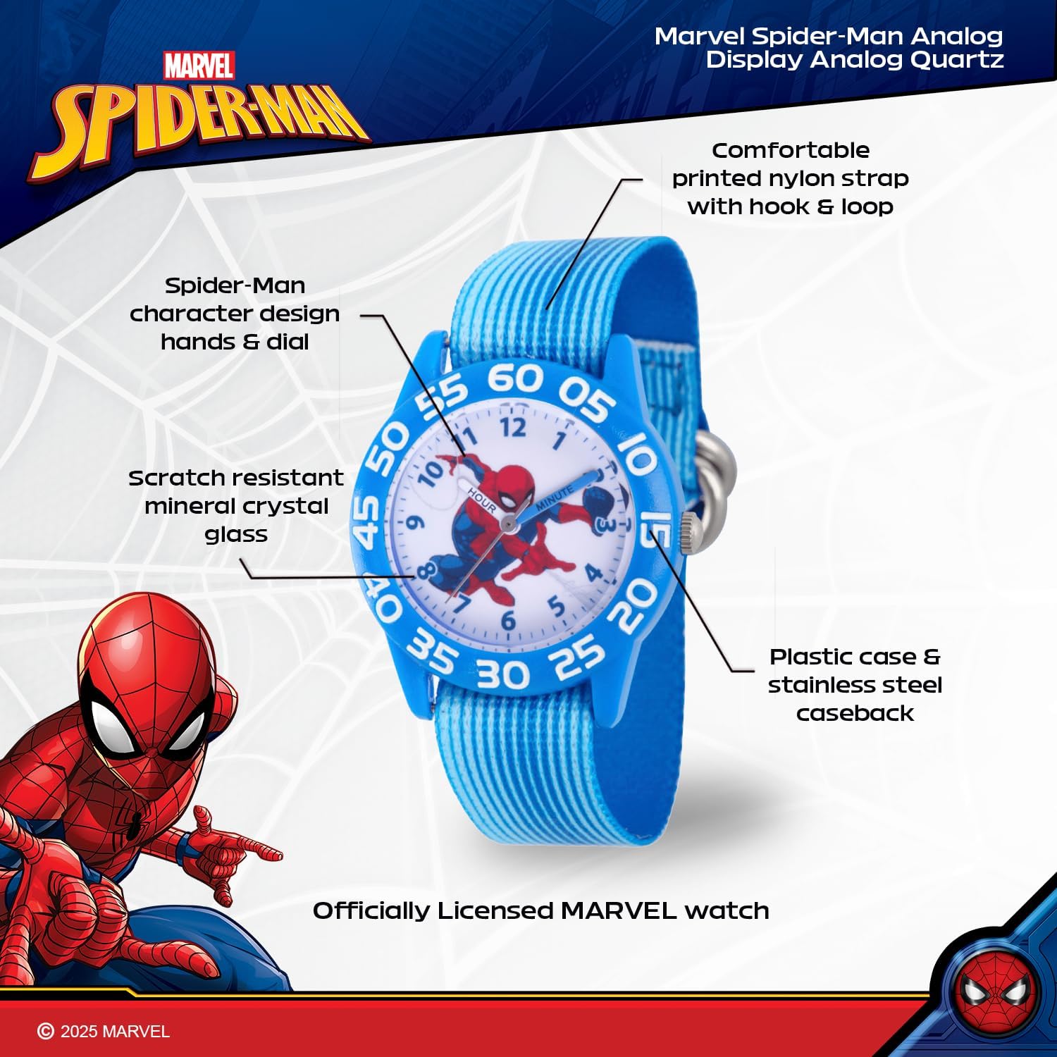 Marvel Spiderman Watch for Kids - Spiderman Watch Boys - Spider-Man Watches for Boys 4-6 - Toys - Kids - Marvel Toddler - Silver Case - 3D Silicone Plastic Strap - Image 2