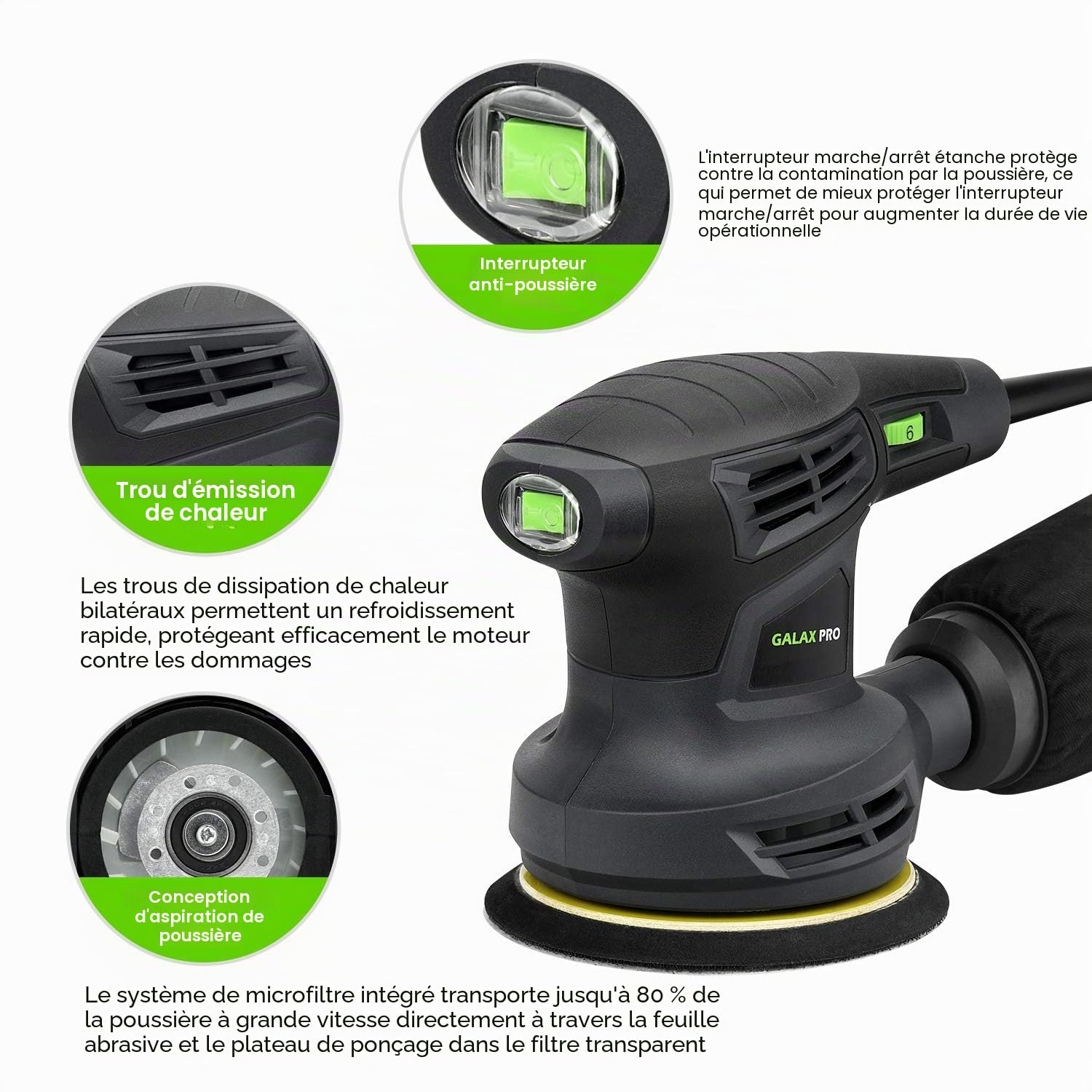 GALAX PRO Ponceuse excentrique filaire 280W, 6 Vitesses, 13000RPM, avec dépoussiéreur et 15 types de papier de verre, Ponceuse orbitale aléatoire, idéale pour les travaux de bricolage