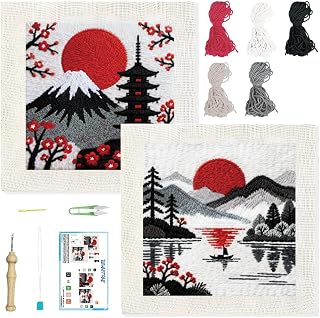 BEUNITONE 2Set Punch Needle Kit with Frame for Adults Beginners, Japanese Style Needlepoint Crafts Kit for Adults, Complete Embroidery Starter Kits with Pre-print Pattern for Gift Home Decor 9.4"x9.4"
