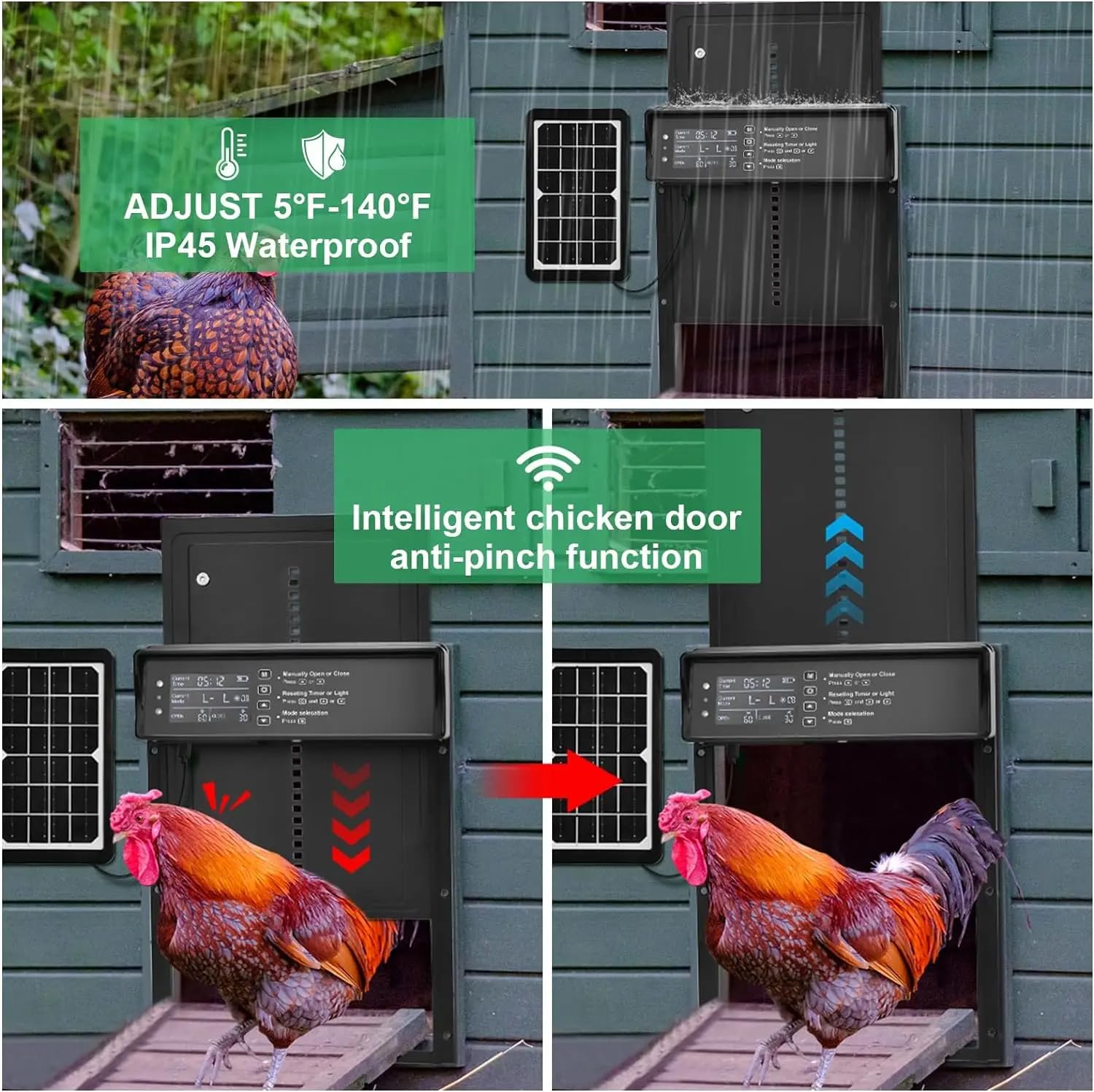 Puerta automática de gallinero solar, puerta automática gallinero de aluminio con 4 modos y temporizador, pantalla LED, sensor de luz, control remoto, anti-pellizco, sistema de alarma