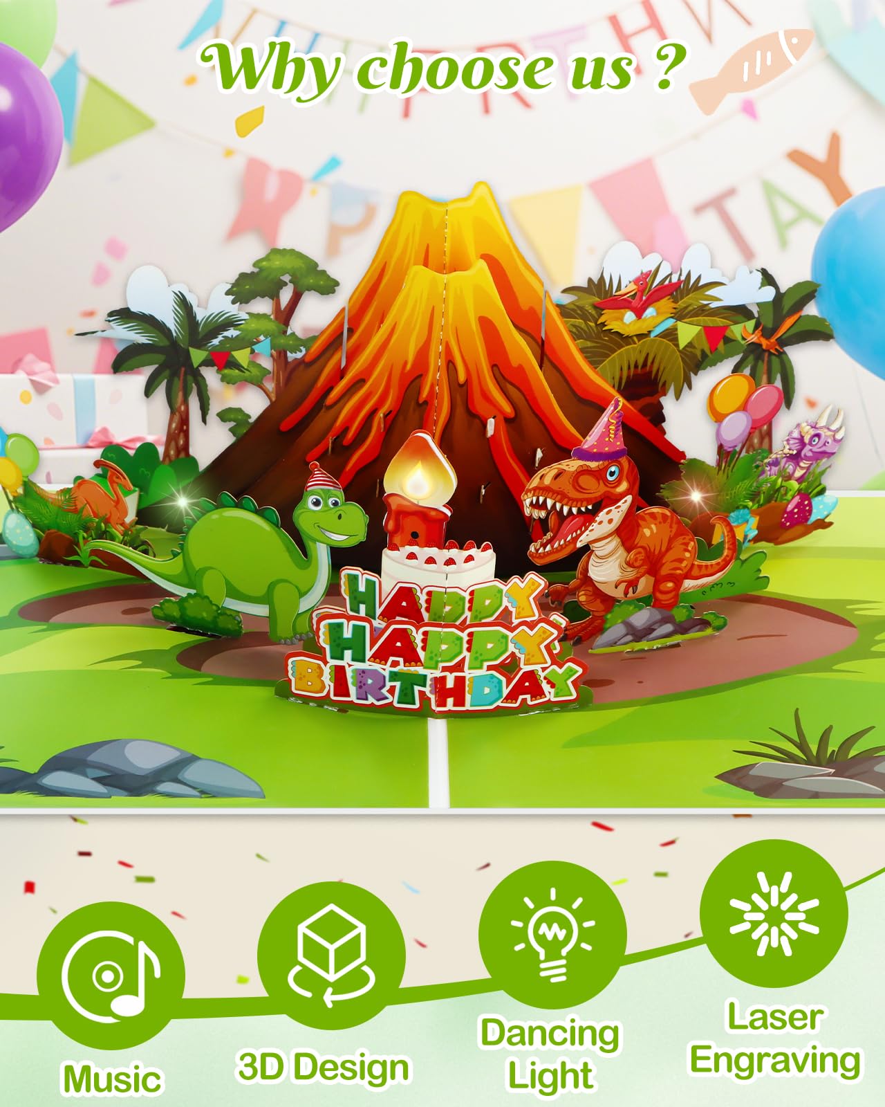 D4DREAM Cartes d'anniversaire musicales dinosaures pour enfants – Bougie soufflante musique et lumière 3D Pop Up Carte de vœux d'anniversaire avec enveloppe, insert vierge – Cadeau d'anniversaire sur