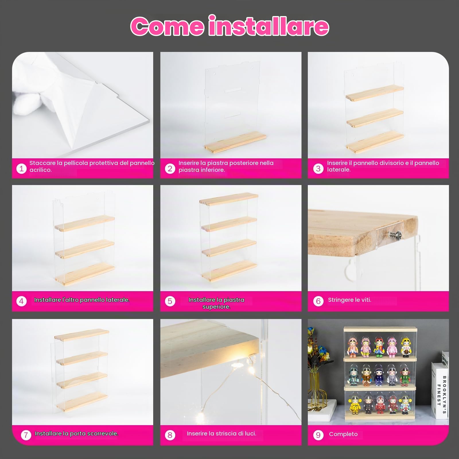 3 Livelli di Vetrina in Acrilico, Scatola da Esposizione a Parete per Mobili da Collezione, Vetrina Trasparente con Porta per Mini Funko Pop, Action Figure, 29,3 x 8,5 x 38 cm, Noce