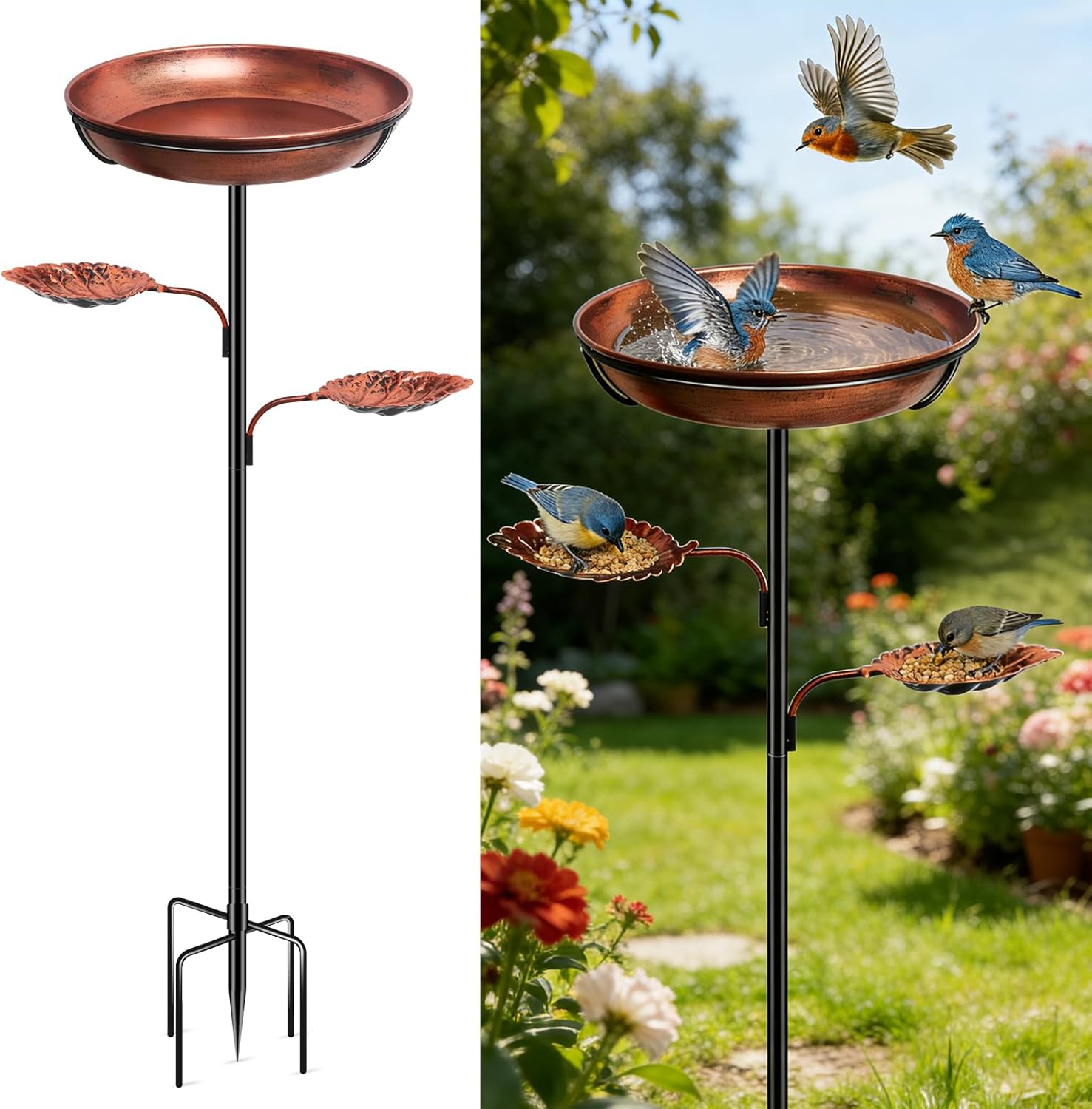 DRQ 35'' Metal Bird Bath for Outside, 12'' Dia × 2'' Deep Birdbath Bowl, Bird Feeder with 6.5'' 5-Pronged Base for Garden Decor, Patio, Yard, Lawn – Vintage Brown