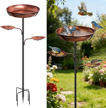 DRQ 35 Metal Bird Bath for Outside, 12 Dia 2 Deep Birdbath Bowl, Bird Feeder with 6.5 5-Pronged Base for Garden Decor, Patio, Yard, Lawn, Fathers Day Vintage Brown