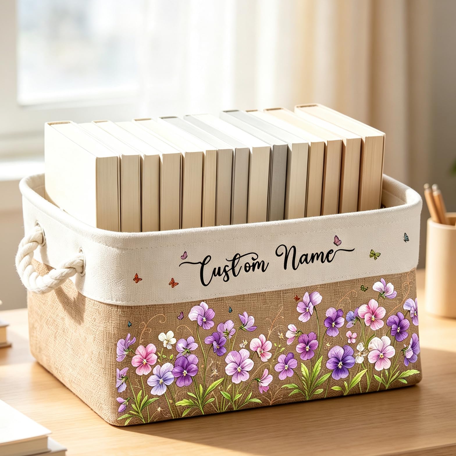 Personalized Storage Basket With Birth Month Flower Book Lover Gift, Custom Name Birth Flower Floral Book Storage Basket Organizer Gift for Women, Girls Bookish Bookworm Birthday Gifts (style 02)