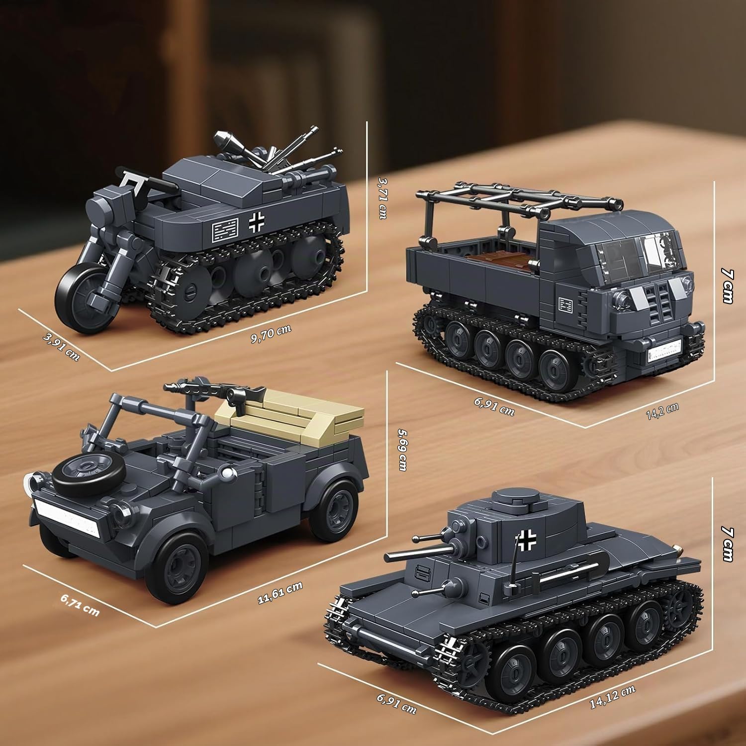 Technik Panzer Bausteine Bausatz, 4 in 1 Panzer Klemmbausteine, WW2 Militär Fahrzeug Bausteine Modell Spielzeug, Geschenke für Erwachsene und Militärfans, 1089 Teile