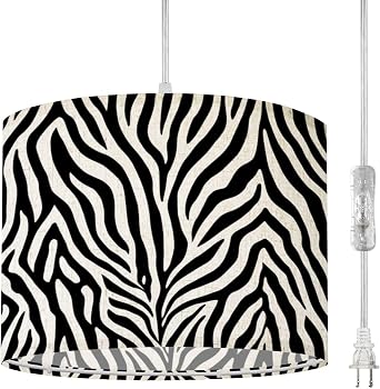 Boho Plug in Pendant Light Bold Black White Zebra Print Animal 16.4ft Plug in Cord Dimmable Hanging Lamp Fabric Lamp Shade Pendant Lights Kitchen Island