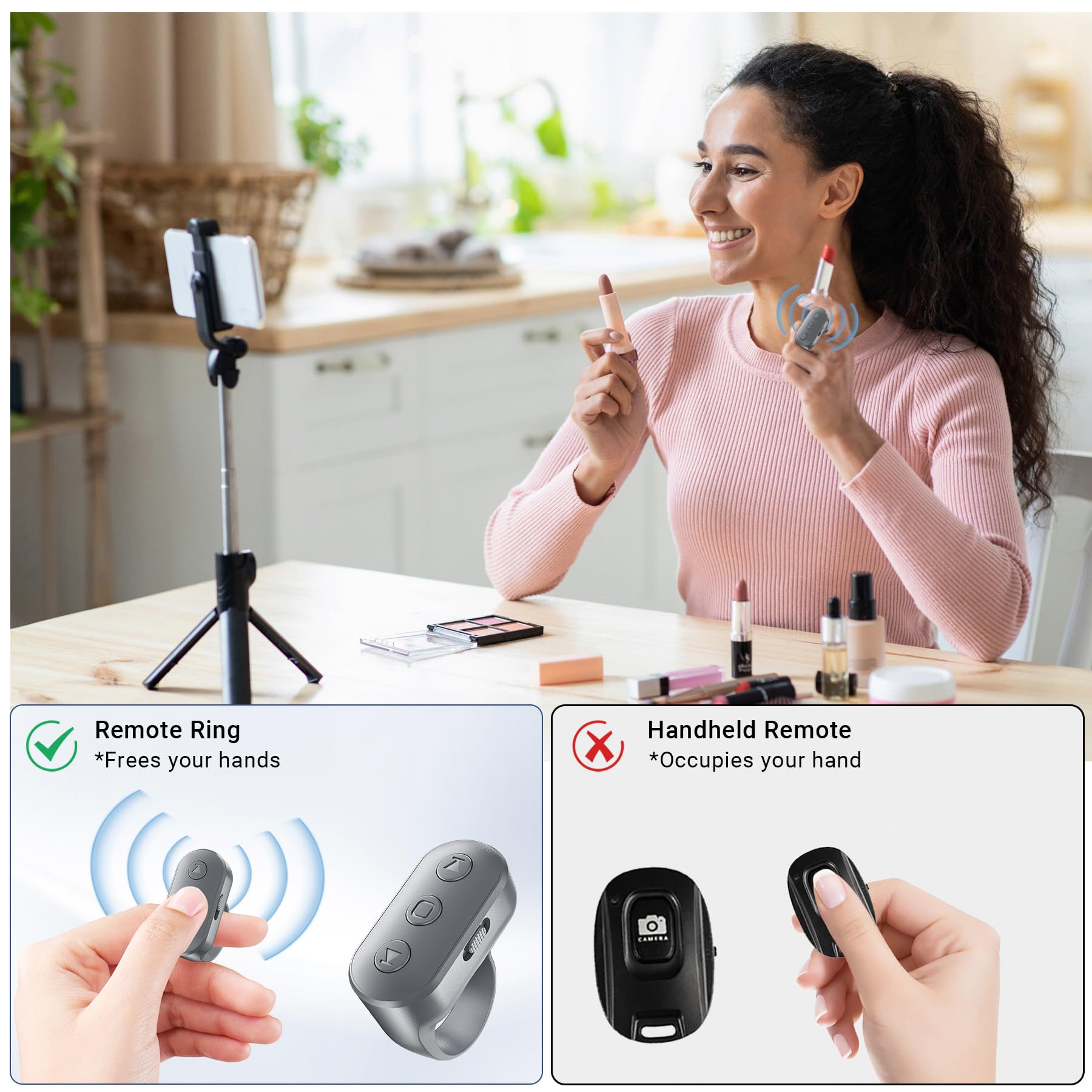 Telefonkamera-Ring-Fernbedienung mit Zoom/Out, wiederaufladbarer Auslöser mit Front-/Rückkameraschalter für iPhone, Android, iPad, Freisprech-Fernbedienung für Foto- und Videoaufnahmen, Content