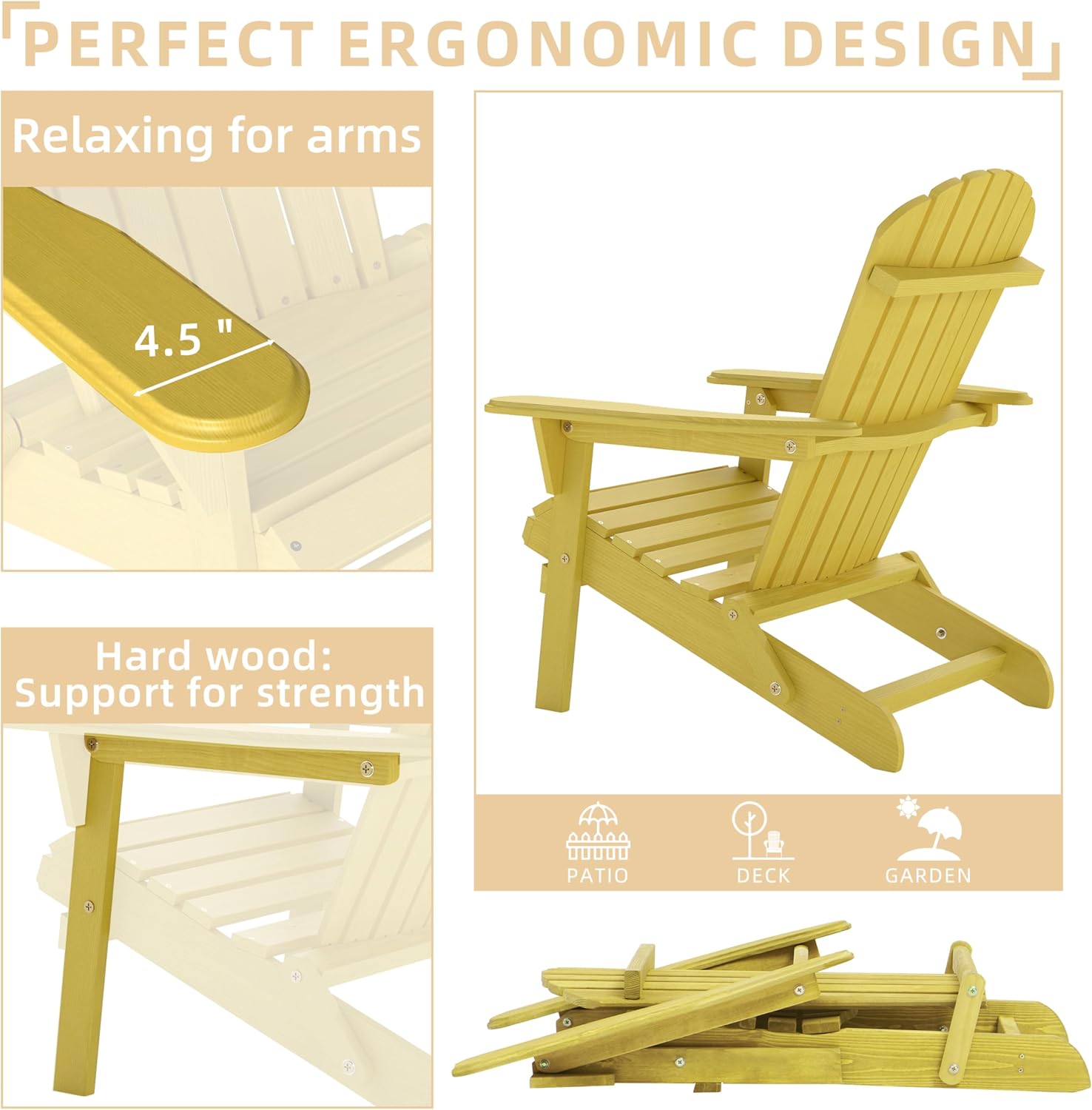 Outdoor Wooden Folding Adirondack Chair with Pre-Assembled BackRest & SeatBoard, Accent Furniture for Patio Backyard Garden Porch Deck Pool Firepit