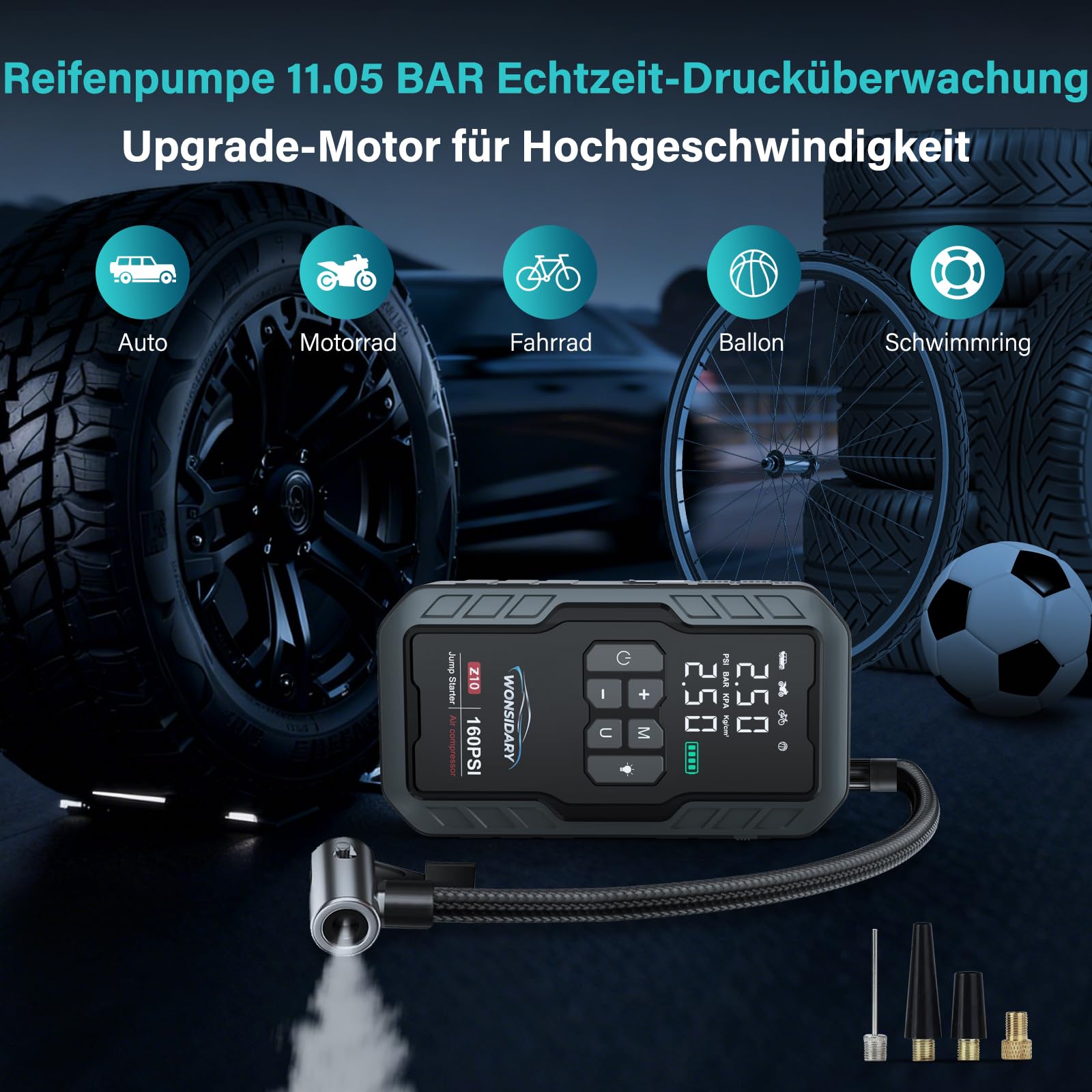 7000A Starthilfe Powerbank für PKW mit 160 PSI Kompressor | 27000 mAh Auto Starthilfe Powerbank für Alle 12V Benzin- & bis zu 8.0L Diesel motoren,4 LED-Lichter,Notfallset für Auto