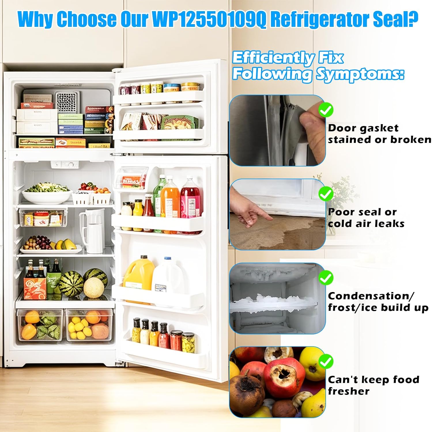 Upgraded WP12550109Q Refrigerator Door Gasket Compatible with Whirlpool Refrigerator Door Gasket Seal, AP6005472 PS11738521 10456801Q Fridge Seal Replacement For Amana Fresh Food Door Gasket White