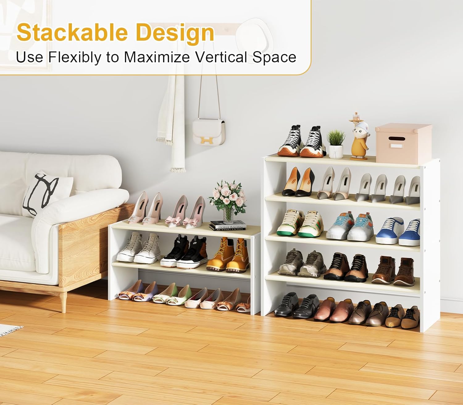 2 Pack 2 Tier Small White Shoe Rack For Closet, Stackable Shoe Shelf Organizer for 18 -24 Pairs of Shoes, Small Shoe Storage Organizer for Entryway, Hallway,Living Room, Bedroom, Size 28.5"* 11" * 13"