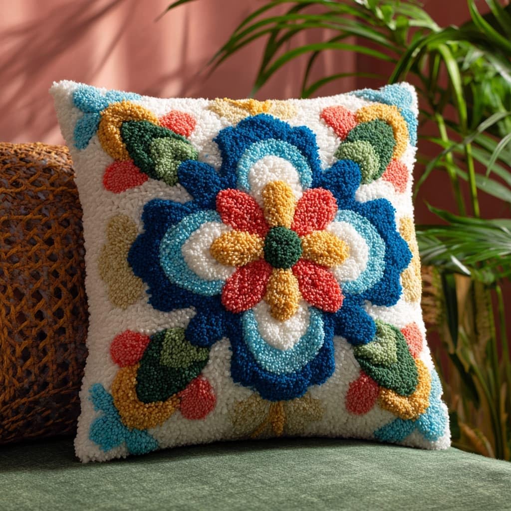 Taxpy Latch Hook Kits, Floral Pattern Pillow for Pillow Pre-Printed Patterns Pillowcase Needlework Crochet Yarns Latch Hooking Cushion 17x17inch
