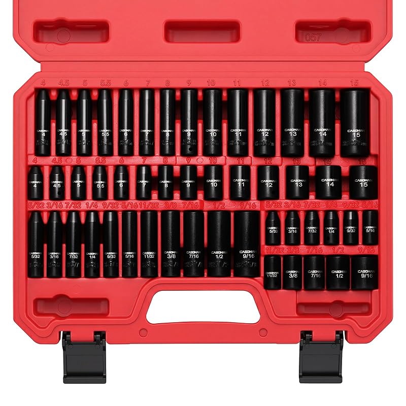 Jogo de Soquetes de Impacto CASOMAN com 50 Peças, Encaixe de 6,35 mm (1/4 pol.), 6 Pontas, SAE e Métrico, 3,97–14,29 mm (5/32–9/16 pol.), Padrão e Longo, CR-V CS057