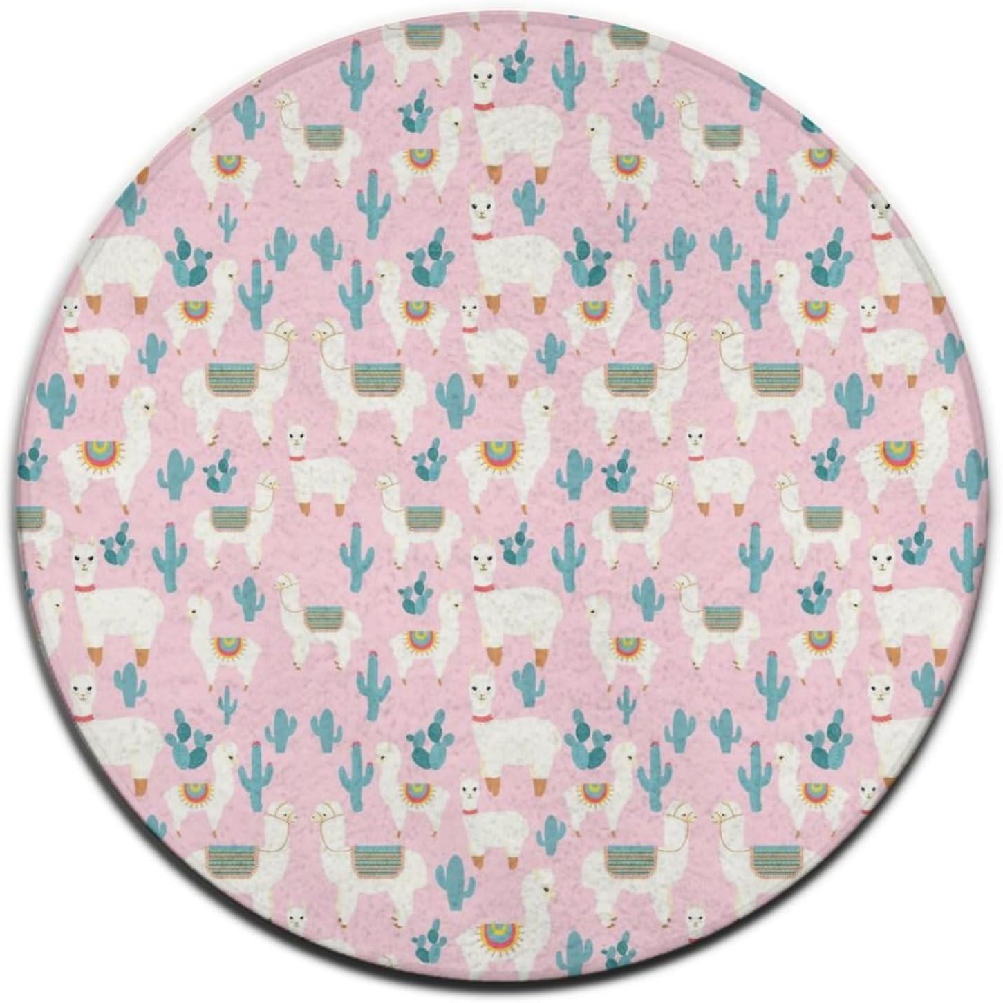 Cute Funny Alpaca Llama Cactus Flowers Floral Pink Round Area Rug for Bedroom, Living Room, Home Hotel, Memory Foam Ultra Soft Spa Floor Mats Entryway Mat, Anti Slip Fast Dry Standing Mat 24" Diameter