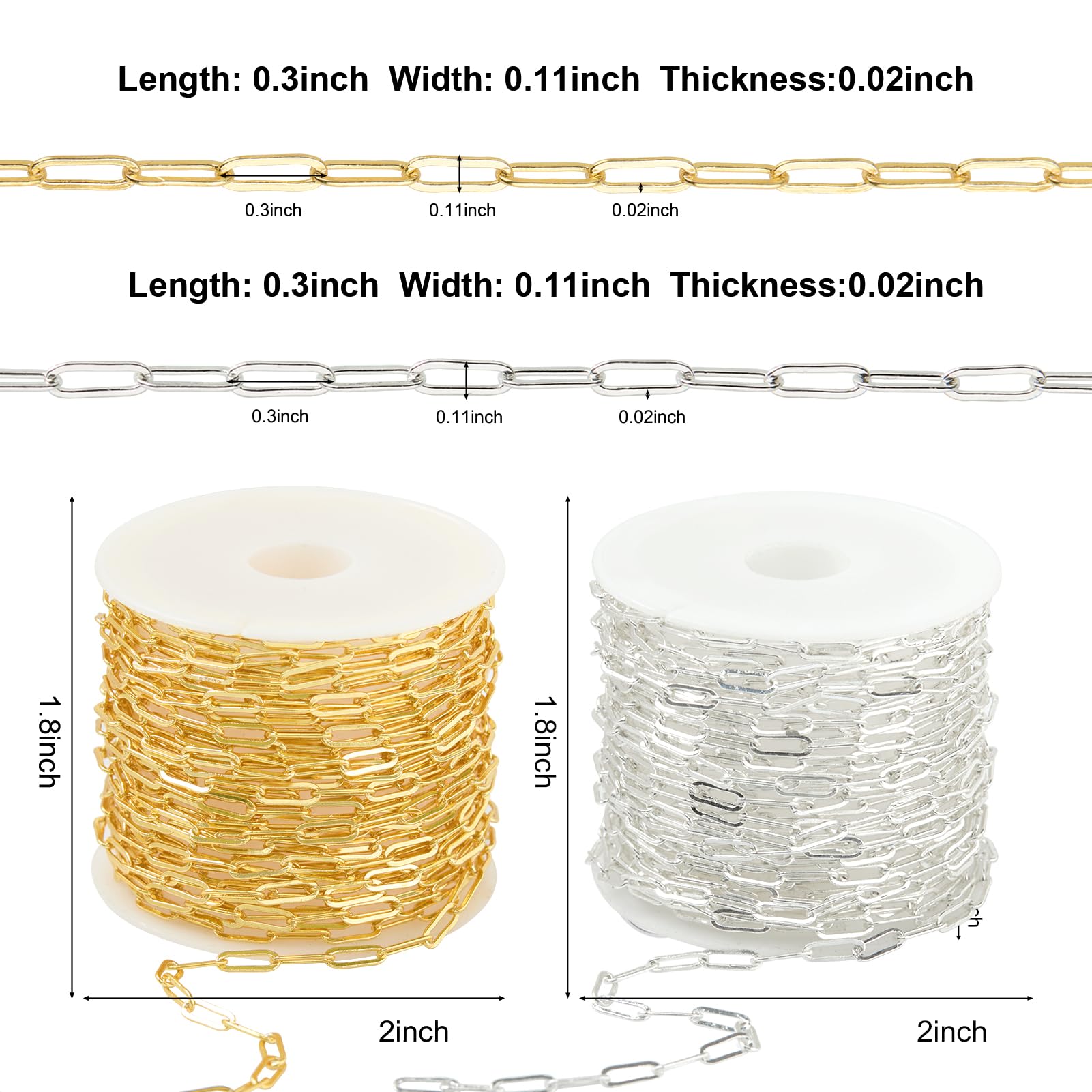 Kyutong 2 Rolls Paperclip Chain for Jewelry Making 32.8 Feet Jewelry Chain Links Silver and Gold Chains Bulk with Lobster Clasps and Jump Rings for DIY Craft Finding Jewelry Making Supplies