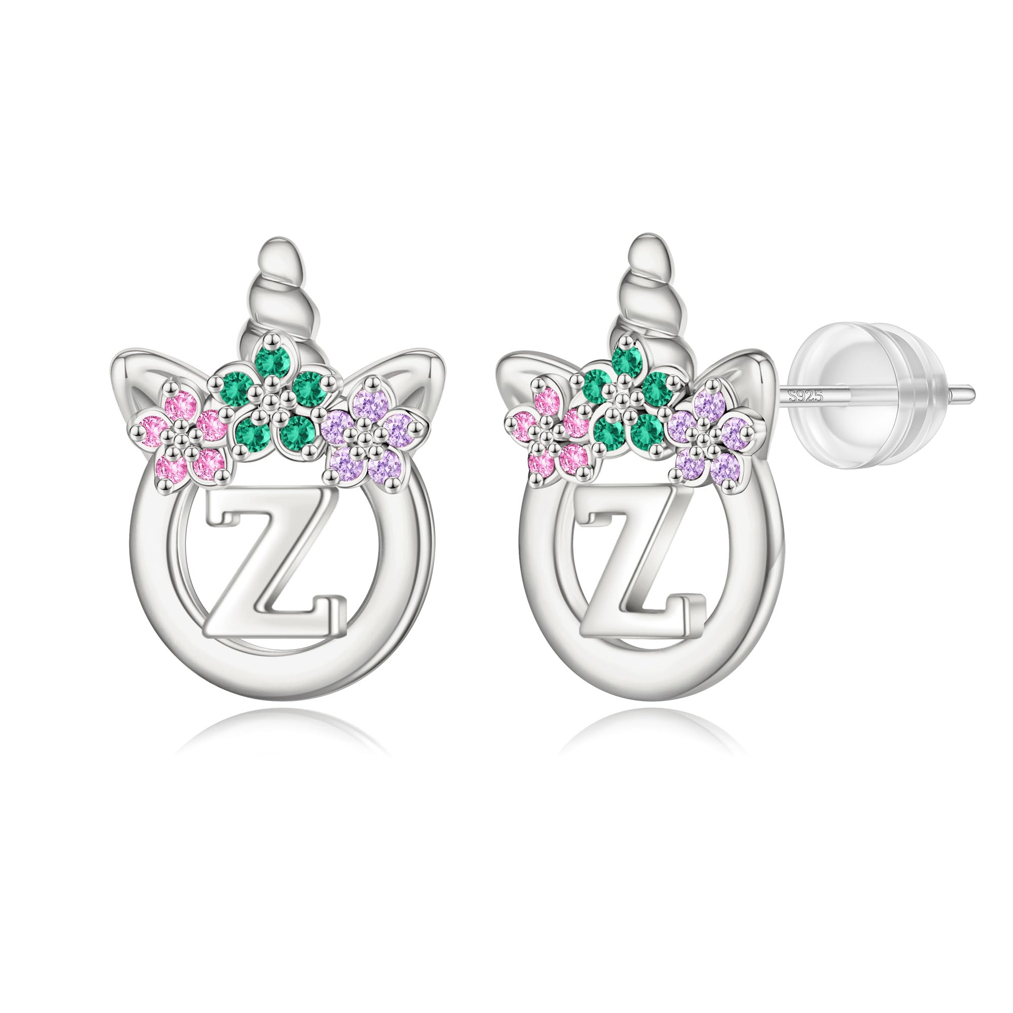 Unicorn Earrings Gifts for Girls - 925 Sterling Silver Stud Earrings Hypoallergenic Initial Unicorn Earring for Girls Kids Jewelry CZ Birthday Gifts
