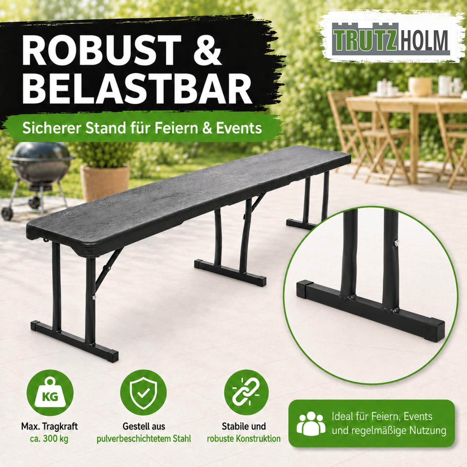 TRUTZHOLM Bierbank Klappbank aus Kunstoff Grau Holzoptik 180cm klappbar Bierzeltbank Campingbank