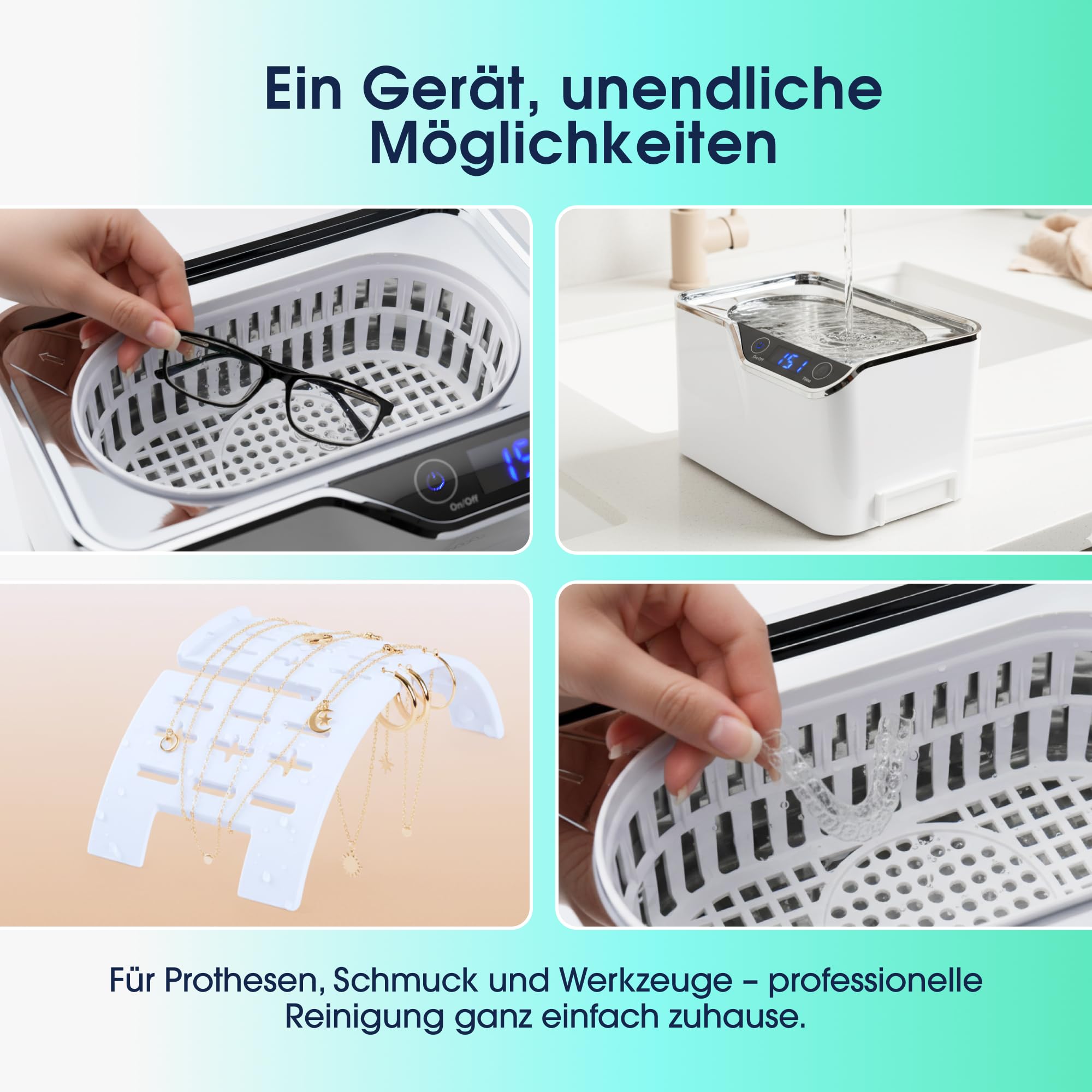 ZENT Ultraschallreinigungsgerät für Brillen, Zahnschiene, Prothesen, Schmuck | Ultraschallreiniger 600 ml, 5 Zeitprogramme, aktives Kühlsystem, LED-Touchpanel, Energiesparend