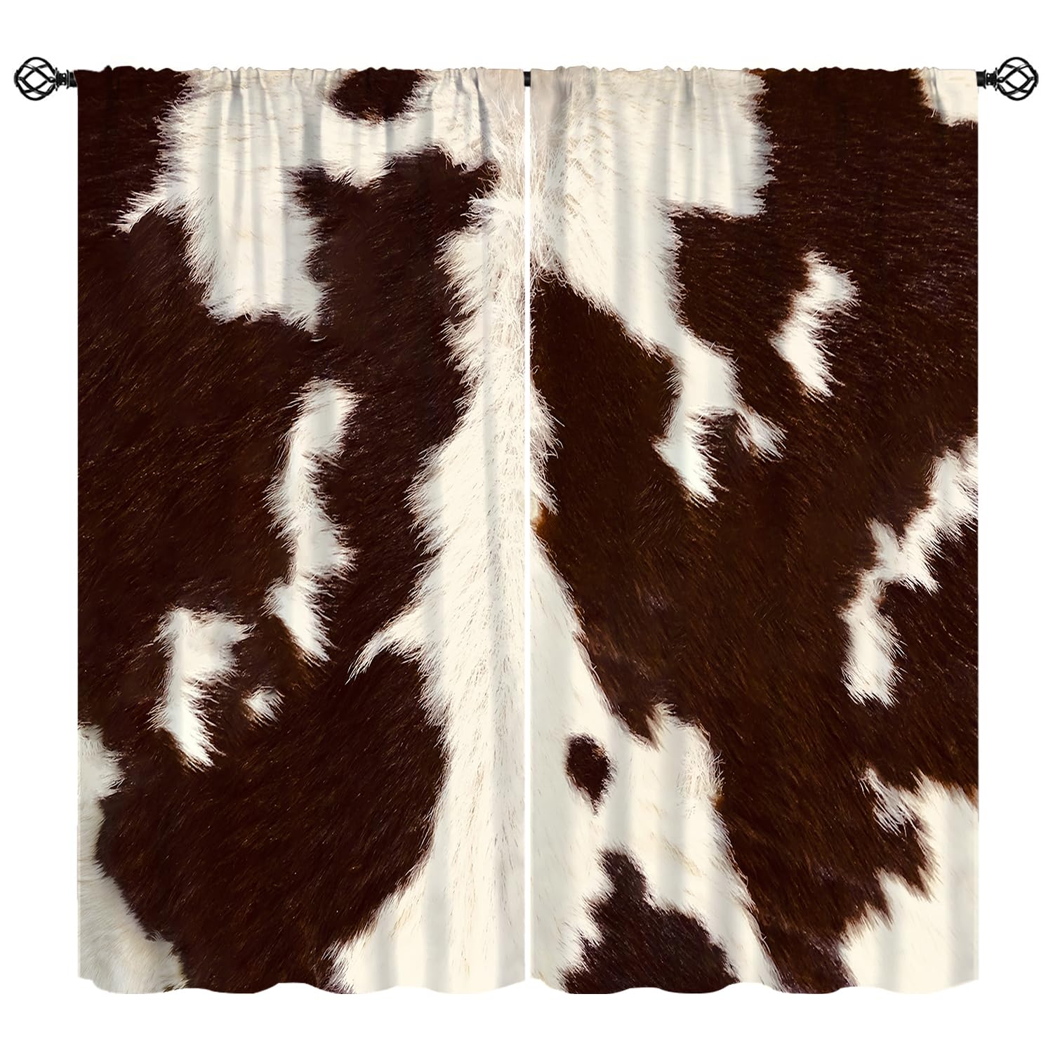 Cow Skin Print Curtains, Rustic Highland Farmhouse Animal Fur Skin Western Farm Window Treatments Country Cottage Brown Cowhide Print Rod Pocket