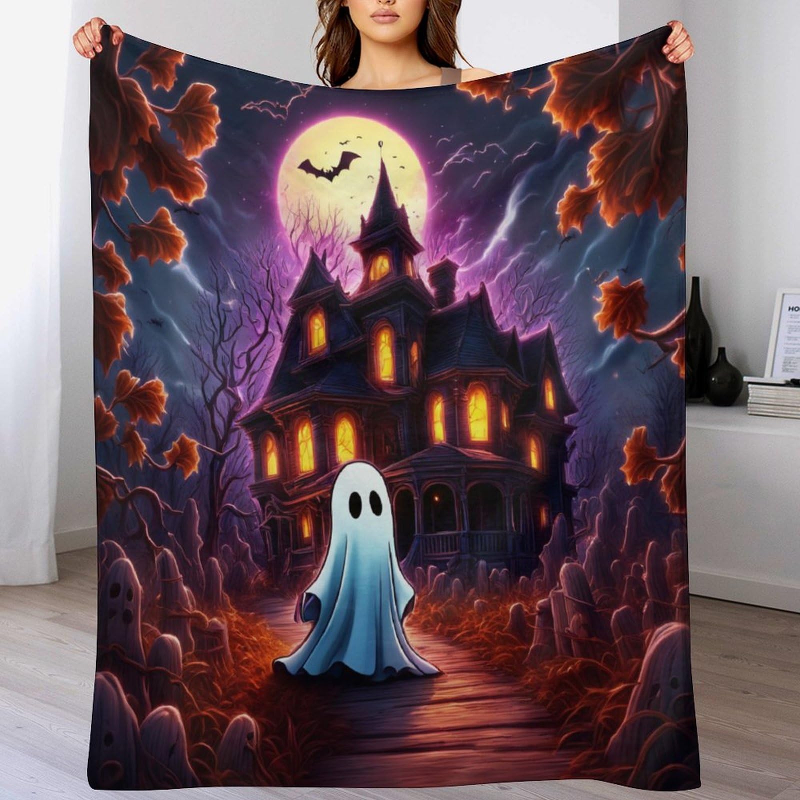 Couverture fantôme d'Halloween en polaire de flannel douce chaude pour canapé 130x180cm
