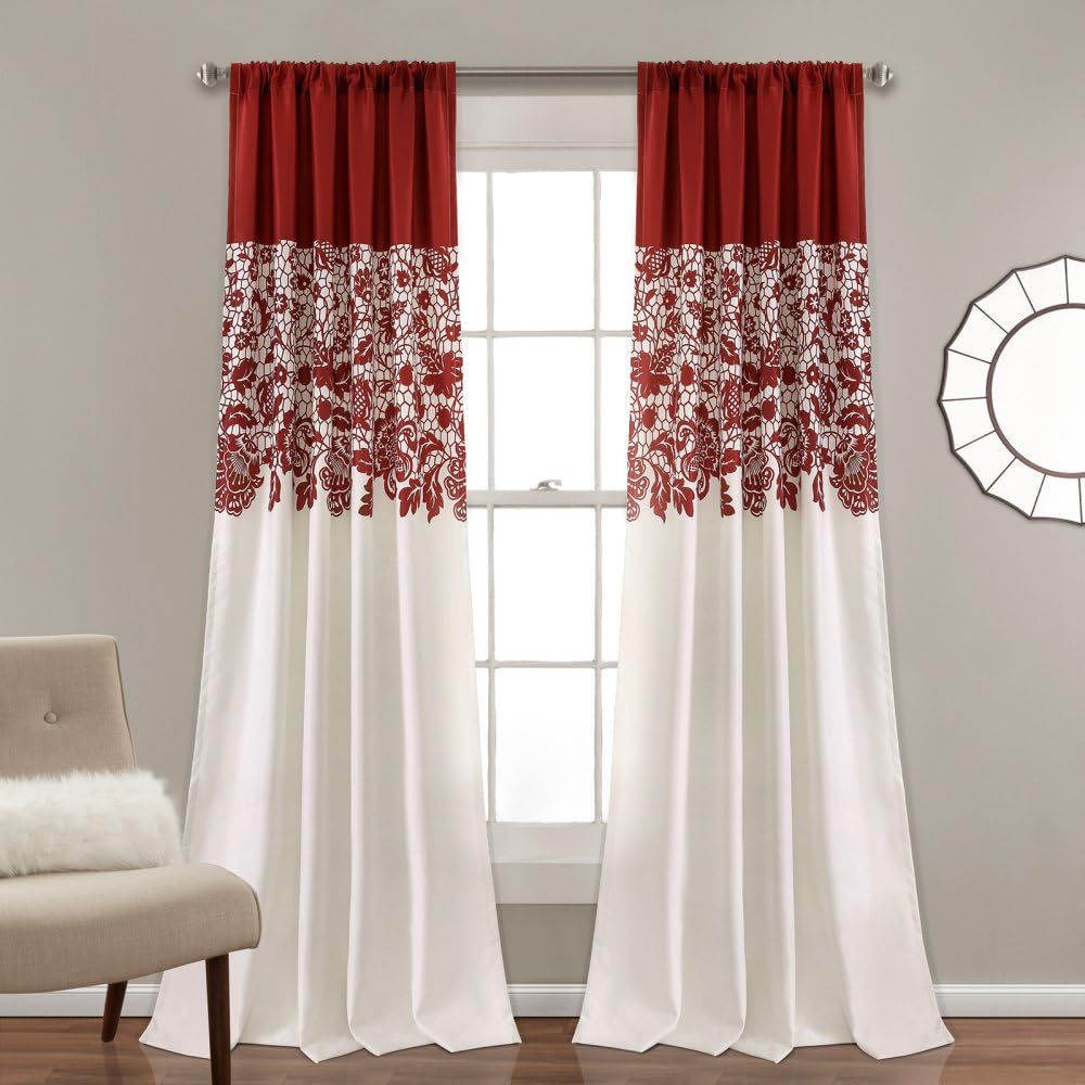 Lush Decor Estate Garden Print Curtains Light Filtering Window Panel Set for Living, Dining, Bedroom (Pair), 84” x 52”, Red