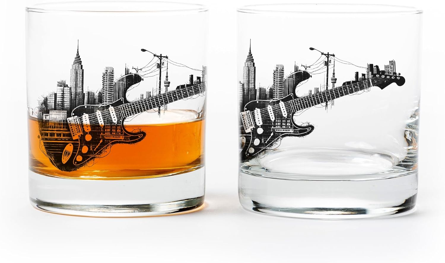Whiskey Glasses by Black Lantern - Electric Guitar Cityscape Rock Glass Set - Two 11oz. Tumblers