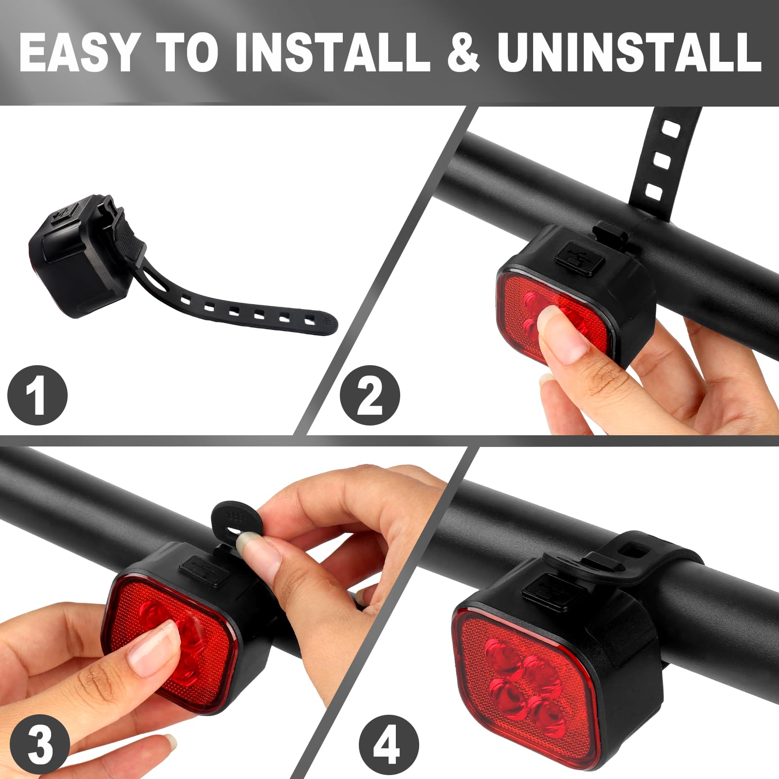 KunHe Confezione da 4 luci per bici per guida notturna, ricaricabili tramite USB, luci anteriori e posteriori, 8+12 modalità, set di luci per bicicletta, faro e fanale posteriore, facili da installare