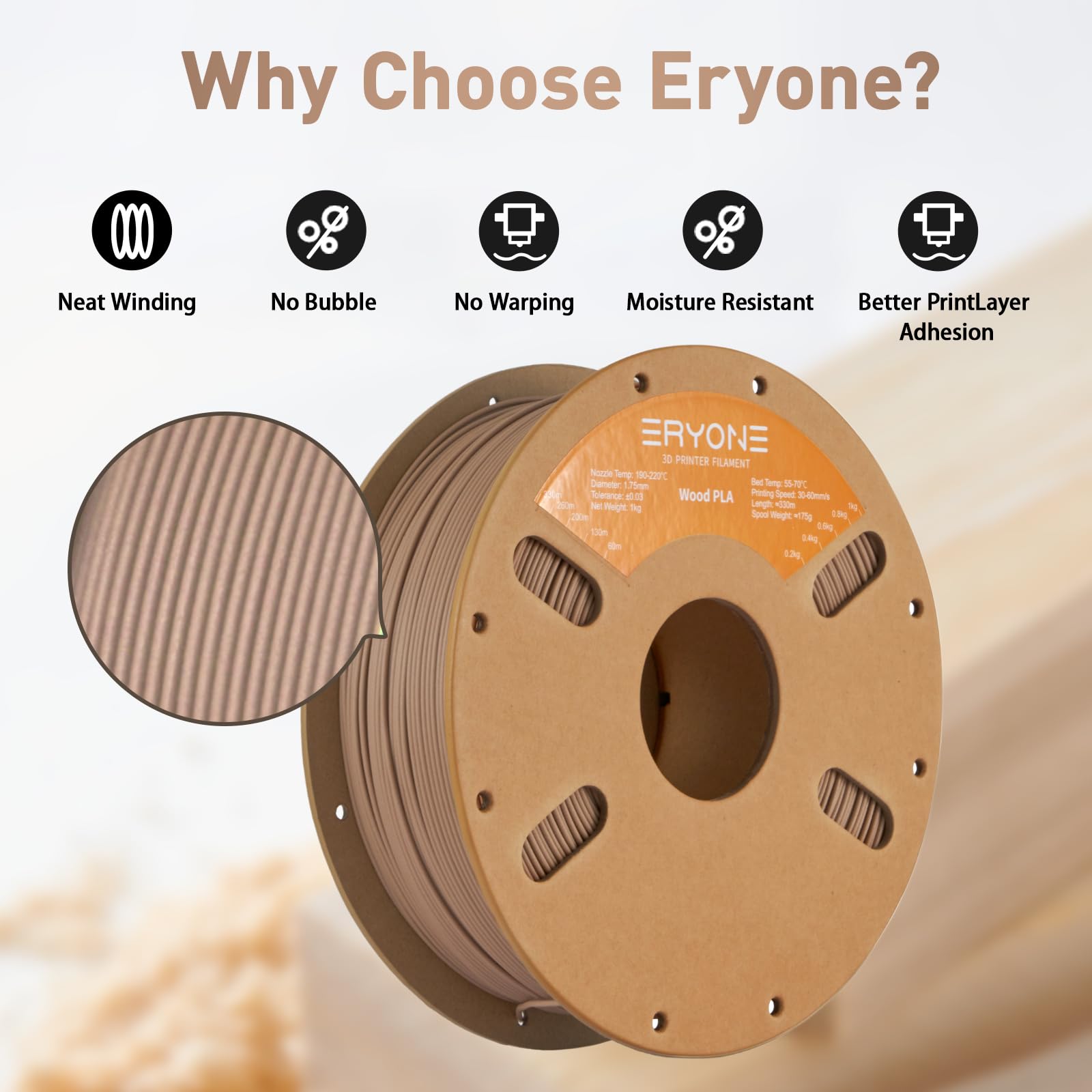 ERYONE Mixed Material PLA Filament 1.75mm +/- 0.03mm, 1kg Spool (2.2LBS) 3D Printer Filament, Wood PLA, Dark Wood