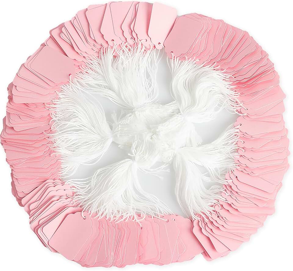 Pacote com 500 etiquetas de pendurar rosa com cordas de algodão branco anexadas – 1,223 cm x 3 cm – Etiquetas de roupas a granel para varejo, artesanato, eventos e marca de produtos