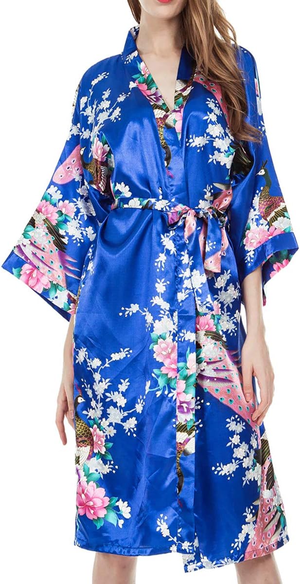 MISSFASHION Women’s Lounge wear Satin Kimono Robe Peacock Pajamas for Women