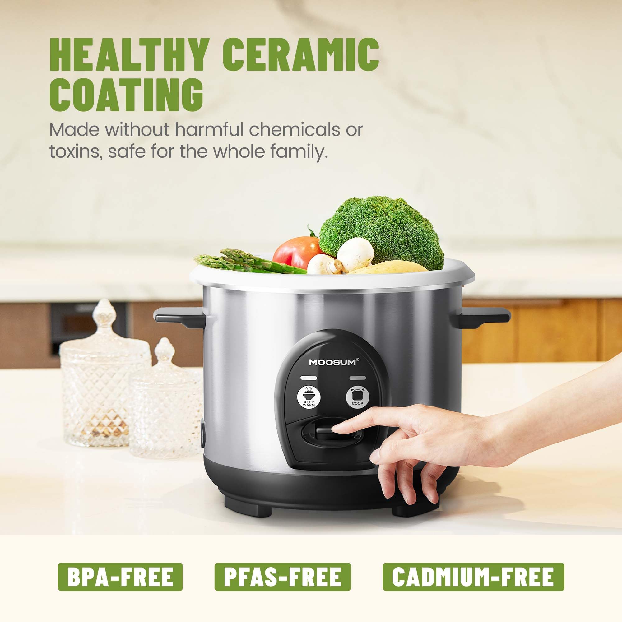 MOOSUM Electric Rice Cooker with One Touch for Asian Japanese Sushi Rice, 3-cup Uncooked/6-cup Cooked, Fast&Convenient Cooker with Ceramic Nonstick inner pot, Stainless Steel Housing and Auto Warmer, Silver