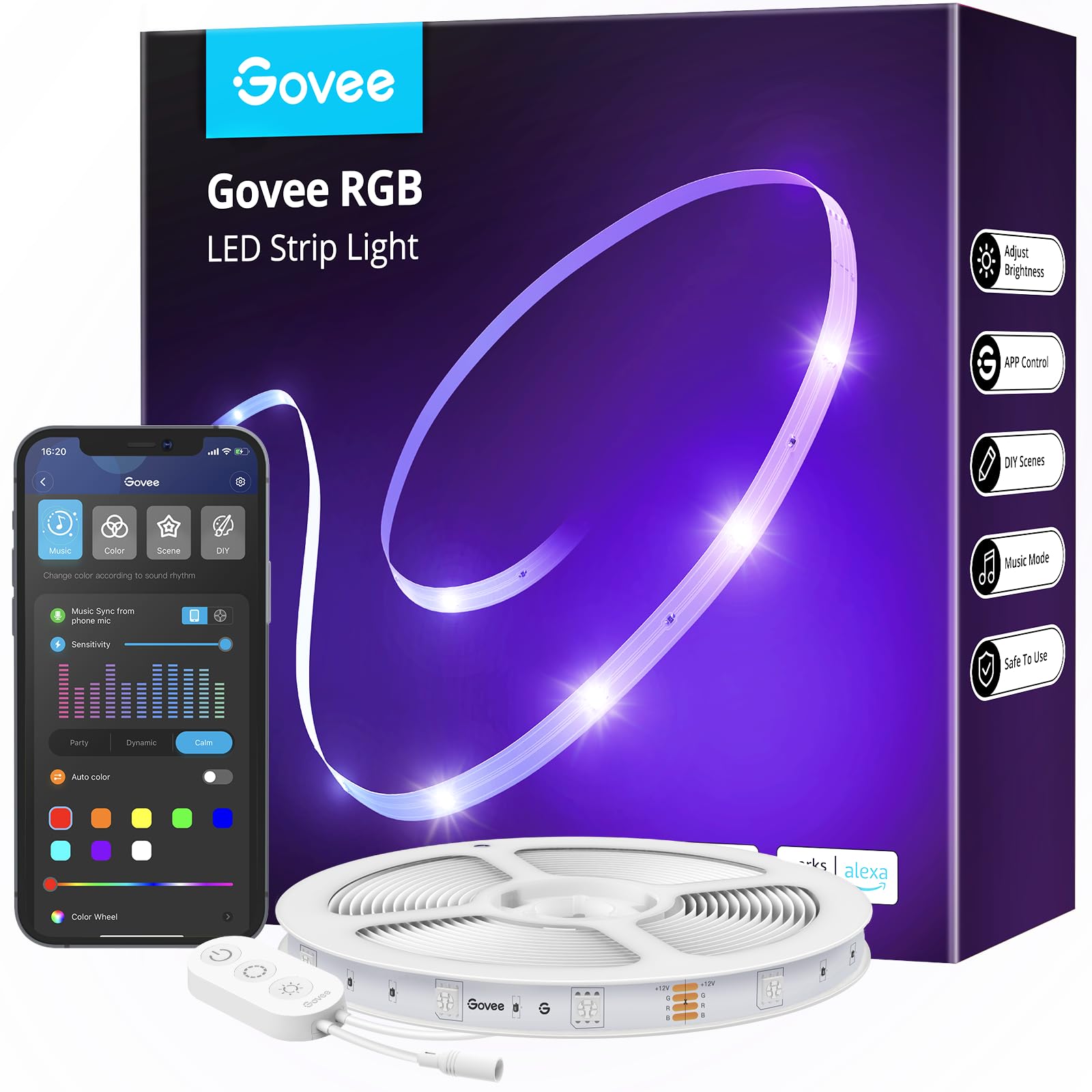 Govee Tira LED 20m, WiFi Luces LED Habitacion Inteligente RGB, Funciona con Alexa, Google Assistant y App, 64 Modos de Escena y Sincronización de Música para PC Gaming, Techo y Fiesta