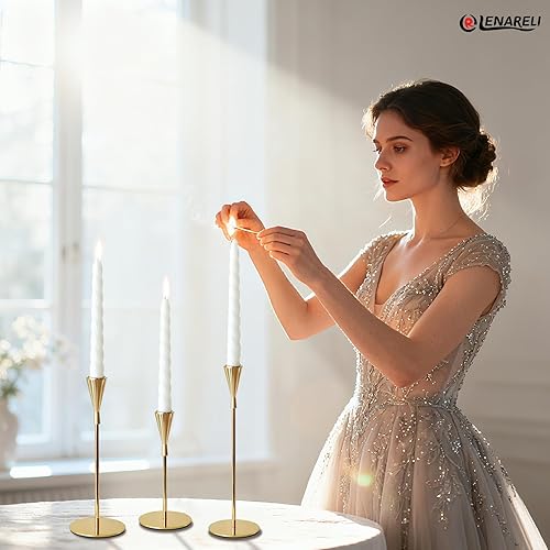 Miniatura 6 de Juego de 3 portavelas de cono de metal dorado (velas no incluidas), soporte para velas de poste alto, adorno central de mesa de comedor, chimenea