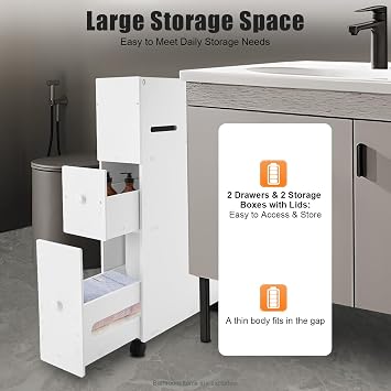 Slim Bathroom Storage Cabinet, Toilet Paper Holder Stand with Wheels Narrow Floor Storage Organizer with Drawers Mobile Small Bathroom Cabinet for Small Spaces
