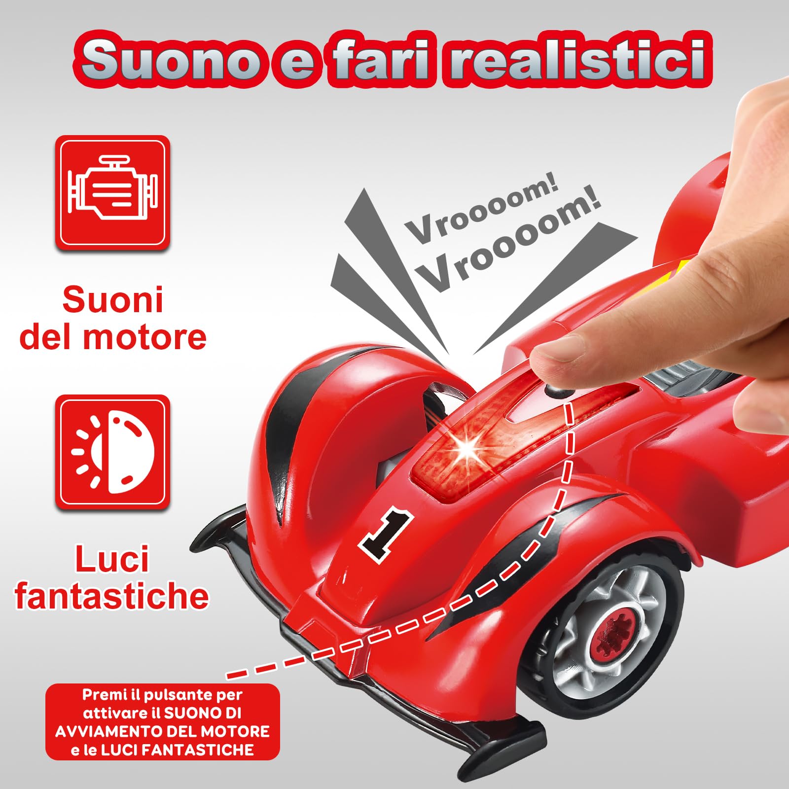 Pup Go Smonta e Rimonta F1 Auto da Corsa per Bambini 3+ Anni, 24 Pezzi con Trapano Elettrico di Simulazione, Suono Realistico e LED, Costruisci Tua Auto Giocattolo, Migliori Regali per Ragazzi (Rosso)