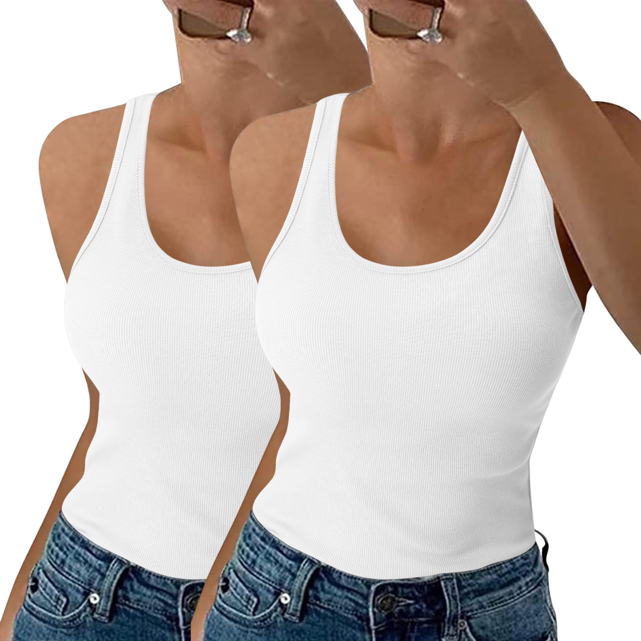 Aottori Damen 2er Pack Tank Top Sommer Slim Fit Oberteile Ärmellos Gerippt Basic Shirt Rundhals Weste Baumwolle Tops Sexy Casual Vest Einfarbig