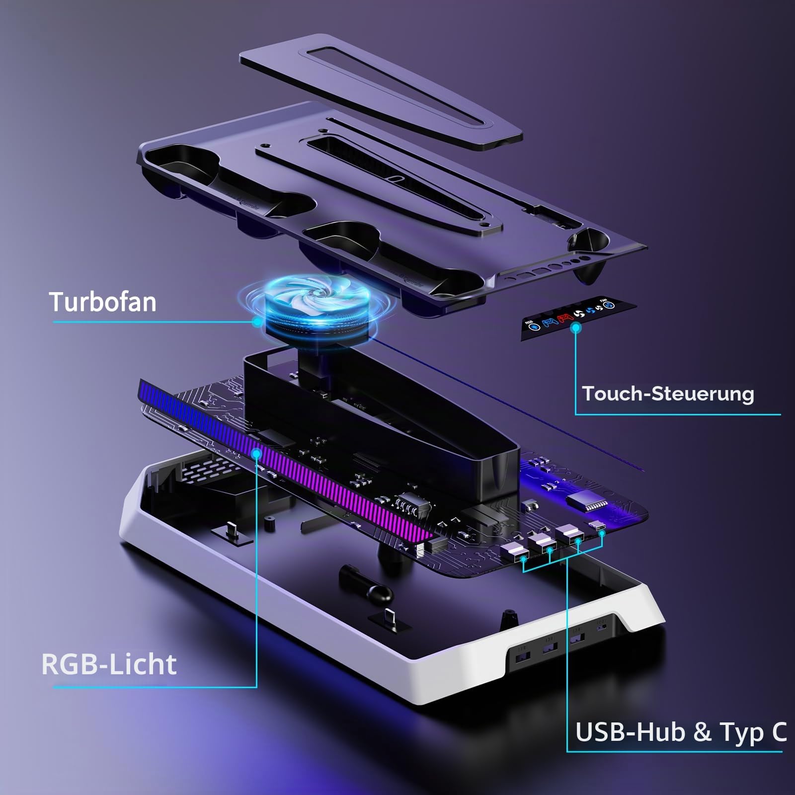 JORREP Ladestation für PS5/Slim/Pro Stand und Controller Ladestation für PS5 Konsole mit Lüfter, Dual Controller Ladegerät,Kühlständer,Headset Halterung, PS5/Slim/Pro Zubehör