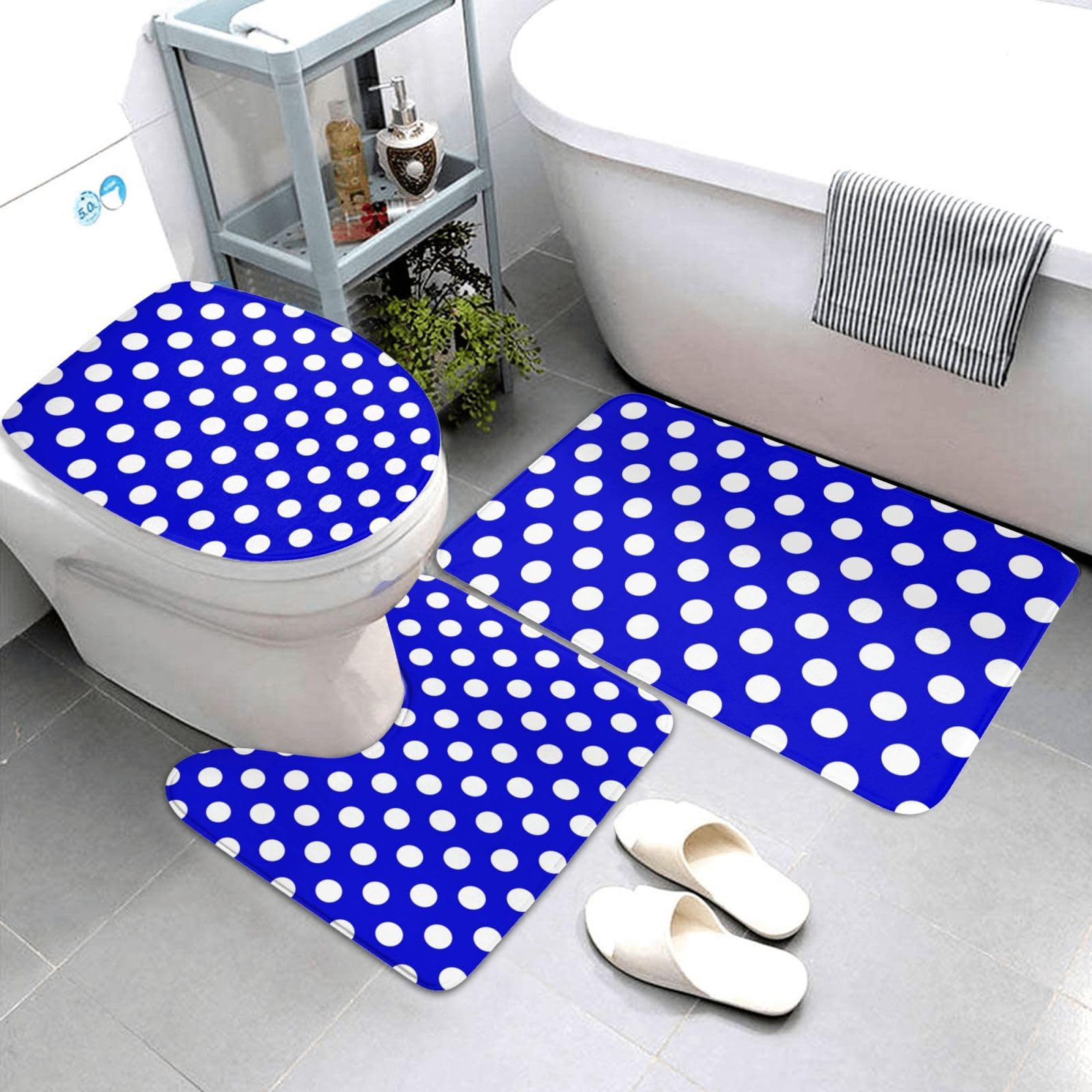 Tapis de salle de bain lot de 3 bleu vif avec contour WC en U et housse