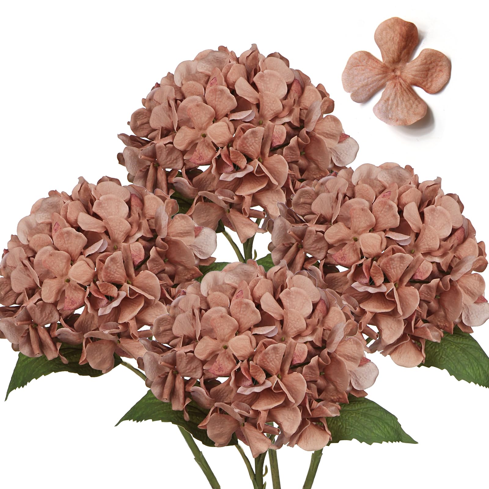 Hollyone 4 pcs Brown Hydrangea Artificial Flowers with 16.9'' Long Stem, Fake Flowers Dried Flowers