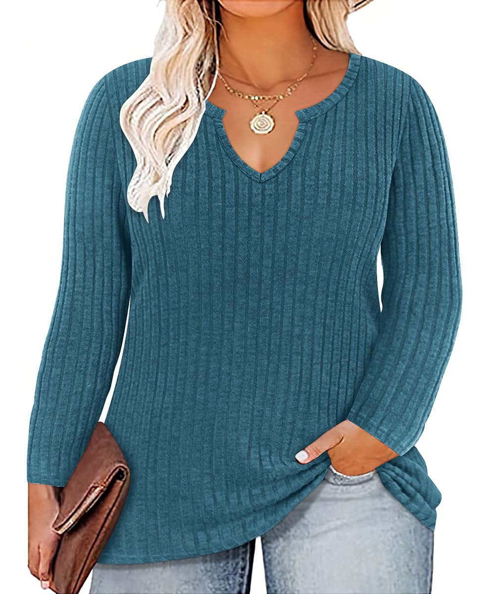 RITERA Plus Size V Neck Tops for Women Long Sleeve Side Split Lightweight Knitwear Solid Color Loose Casual Tunic Top XL-5XL