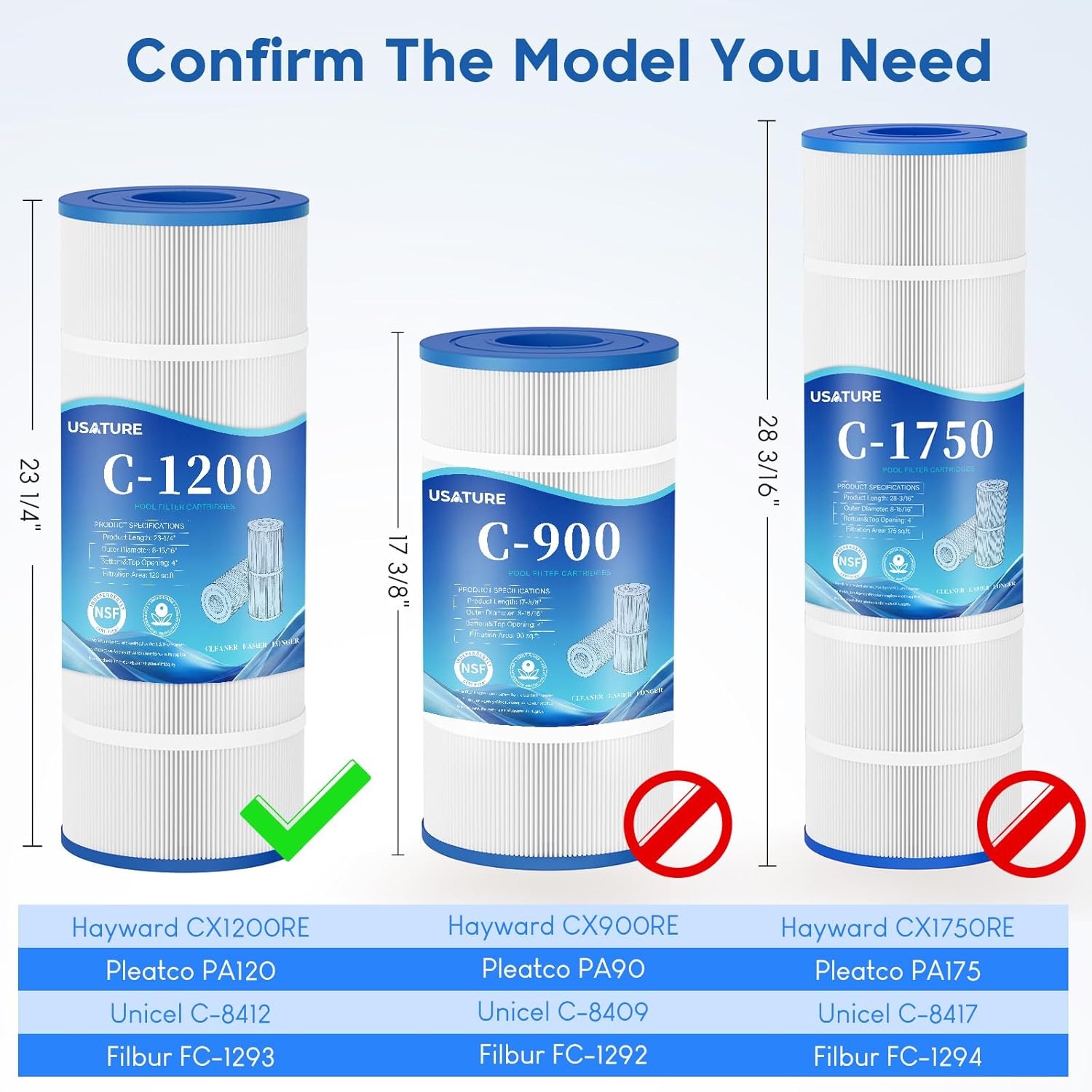C1200 Pool Filter Cartridge Replacement for Hayward Star Clear Plus C1200, CX1200RE, Pleatco PA120, Unicel C-8412, Filbur FC-1293, 120 sq.ft Cartridge, L x OD: 23-1/4" x 8-15/16"