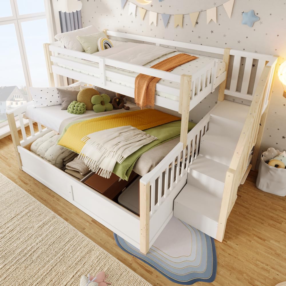Letto a castello per bambini 90x200cm + 140x200cm,Letto inferiore con spazio di stoccaggio idraulico,Letto a castello in legno massello con scaletta contenitore, Bianco + naturale(Senza materasso)
