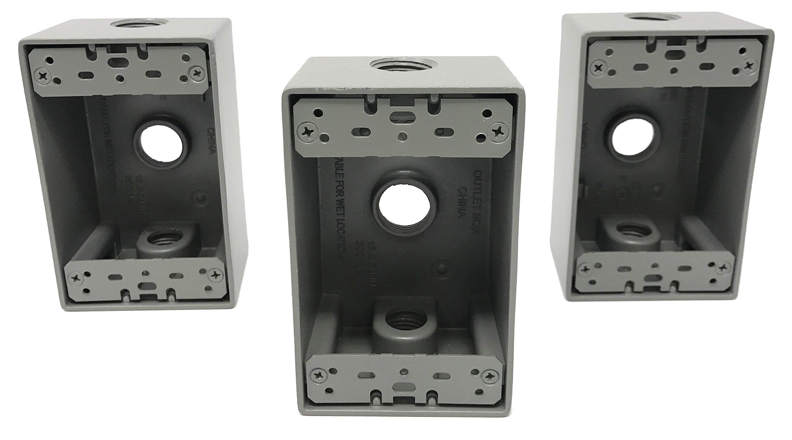 Sealproof 1-Gang 3 1/2-Inch Holes Weatherproof Rectangular Exterior Electrical Outlet Box with 3 Outlet Holes, Three 1/2" Holes, Single Gang, UL Listed, 3-Pack