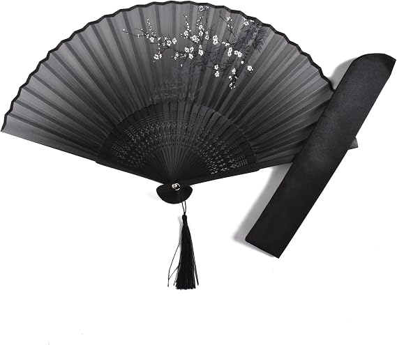 Decorative Folding Fans Small Fan Gift for Women 8.27(21cm) with Bamboo Frame and Silk With a Fabric Sleeve for Protection- Chinese/Japanese Vintage Retro Style (Black)