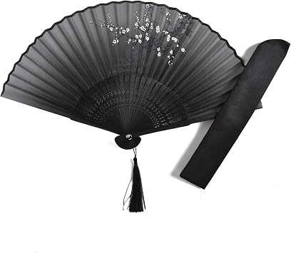 Decorative Folding Fans Small Fan Gift for Women 8.27(21cm) with Bamboo Frame and Silk With a Fabric Sleeve for Protection- Chinese/Japanese Vintage Retro Style (Black)