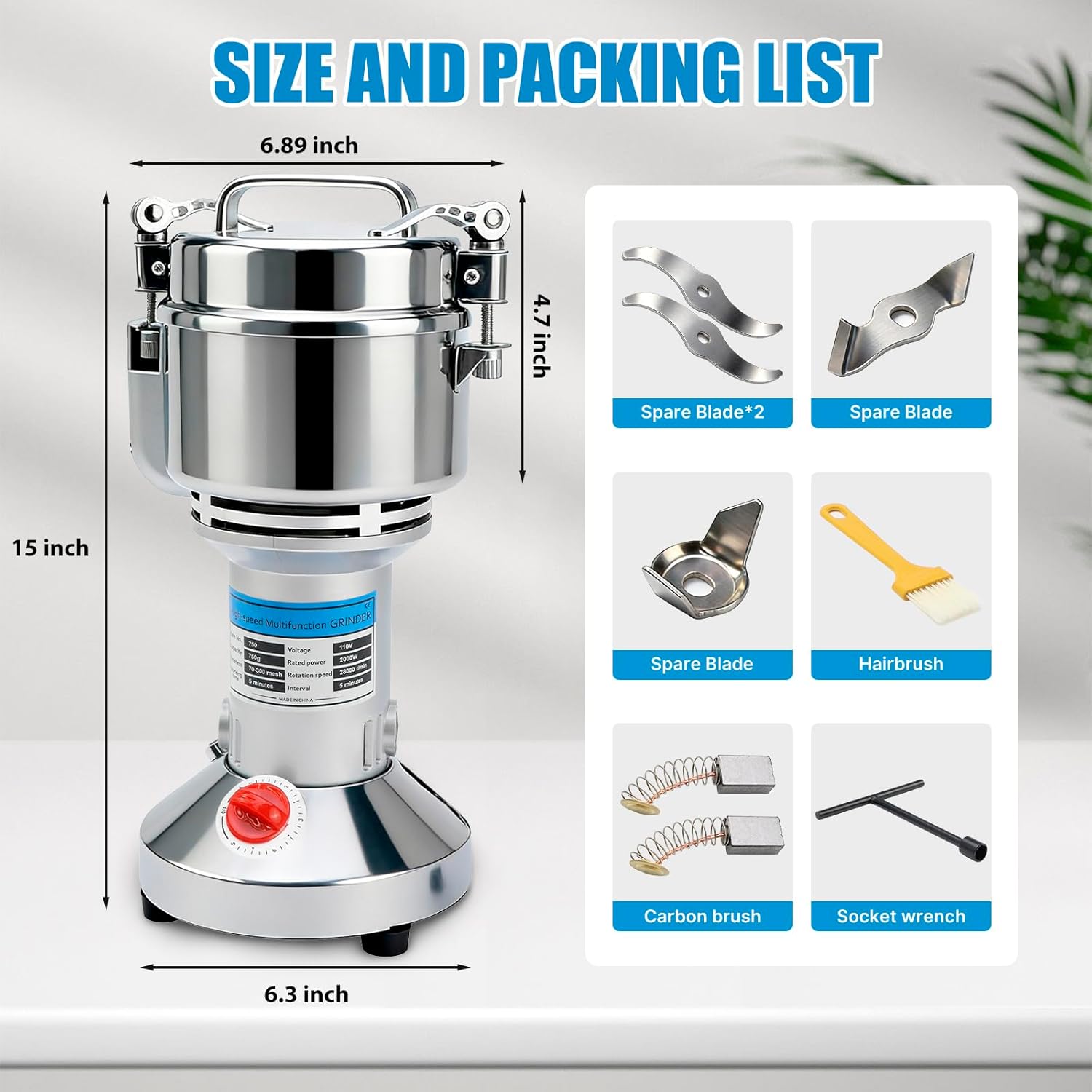 Electric Grain Mill Grinder,High Speed Electric Stainless Steel Spice Grinders,Pulverizer Powder Machine for Dry Grains Coffee Rice Spice Herbs Corn Pepper (750g)