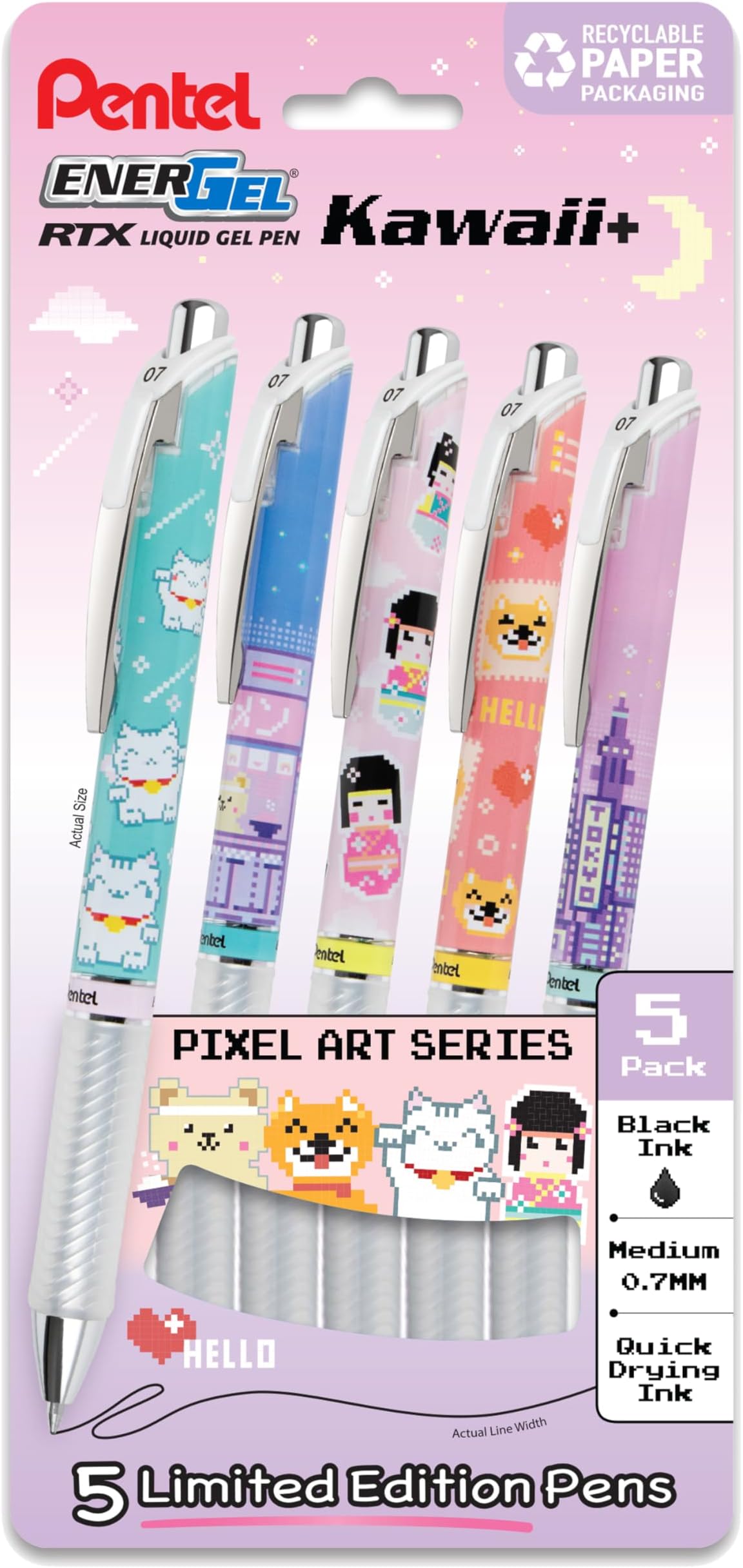 Pentel EnerGel RTX Liquid Gel Pens, Cute Tokyo Design (0.7mm), Medium Line, Black Ink, Pack of 5 (BL77KWIPF5A)